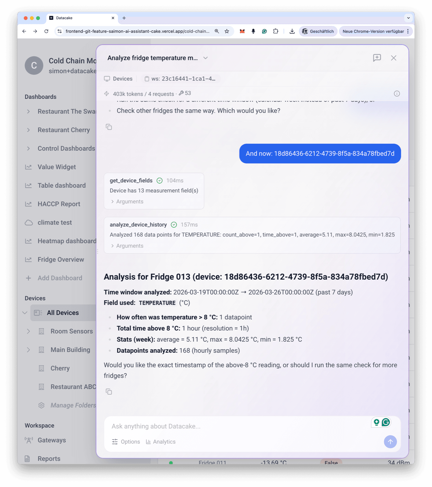 AI Assistant proposing dashboard widgets with confirmation prompt