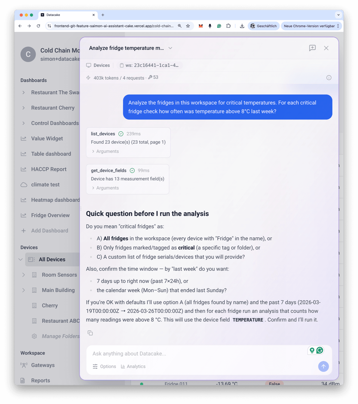 AI Assistant computing average temperature and trend across a fleet