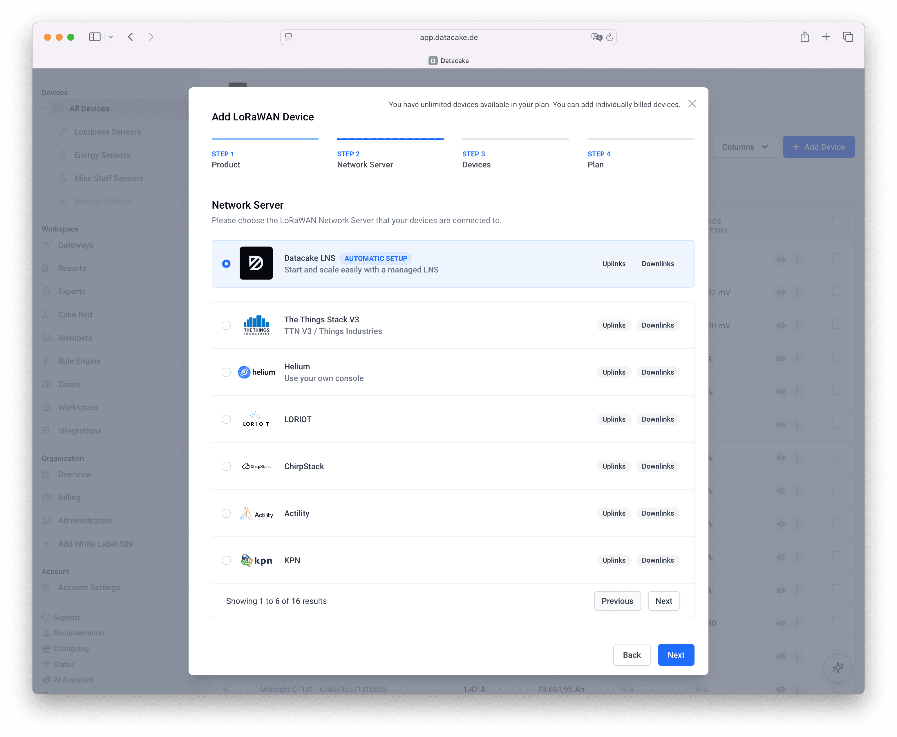 Adding a LoRaWAN device with the built-in network server preselected