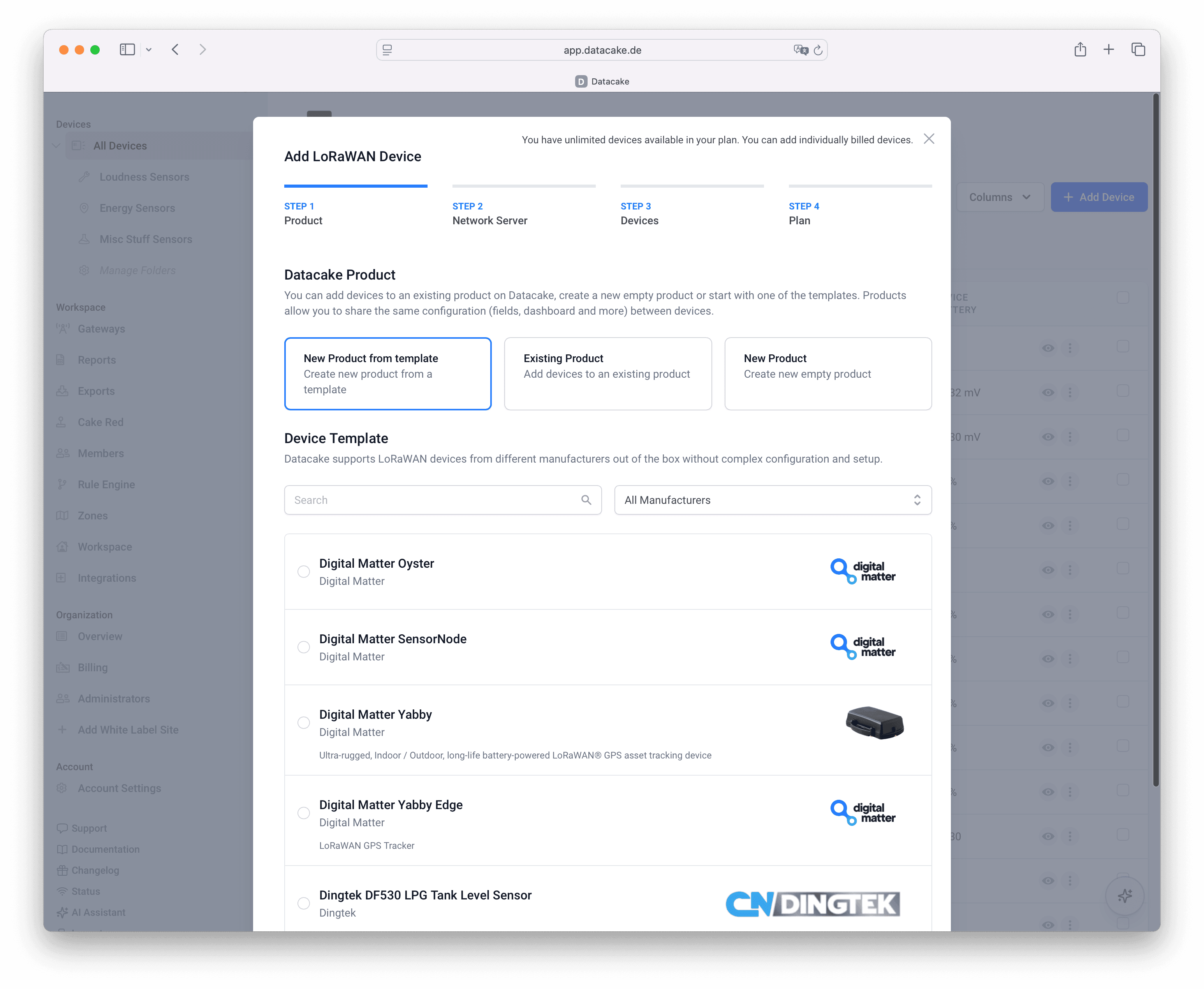 LoRaWAN device template catalog shown while adding a new device