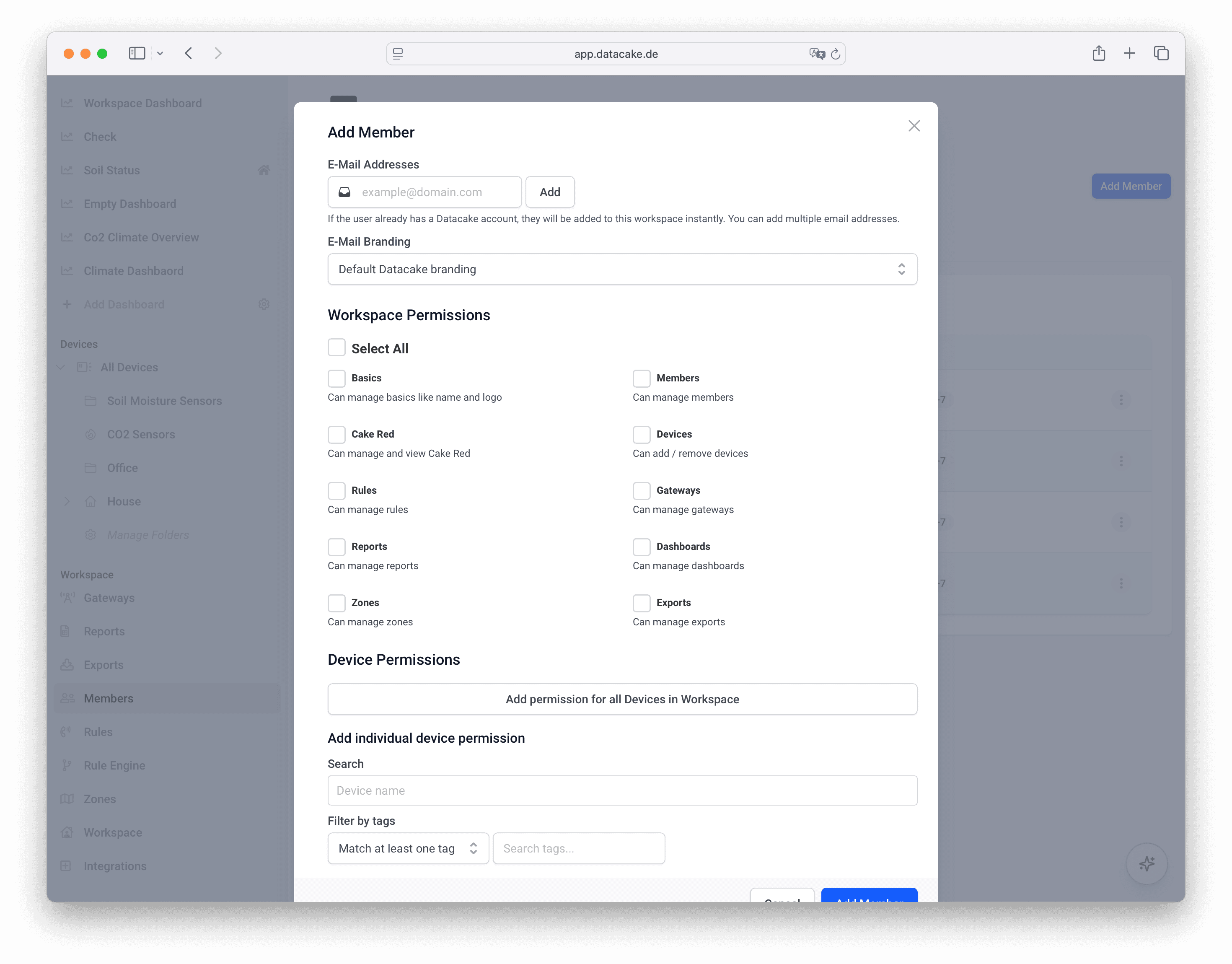 Adding a member to a workspace with role and permission selection