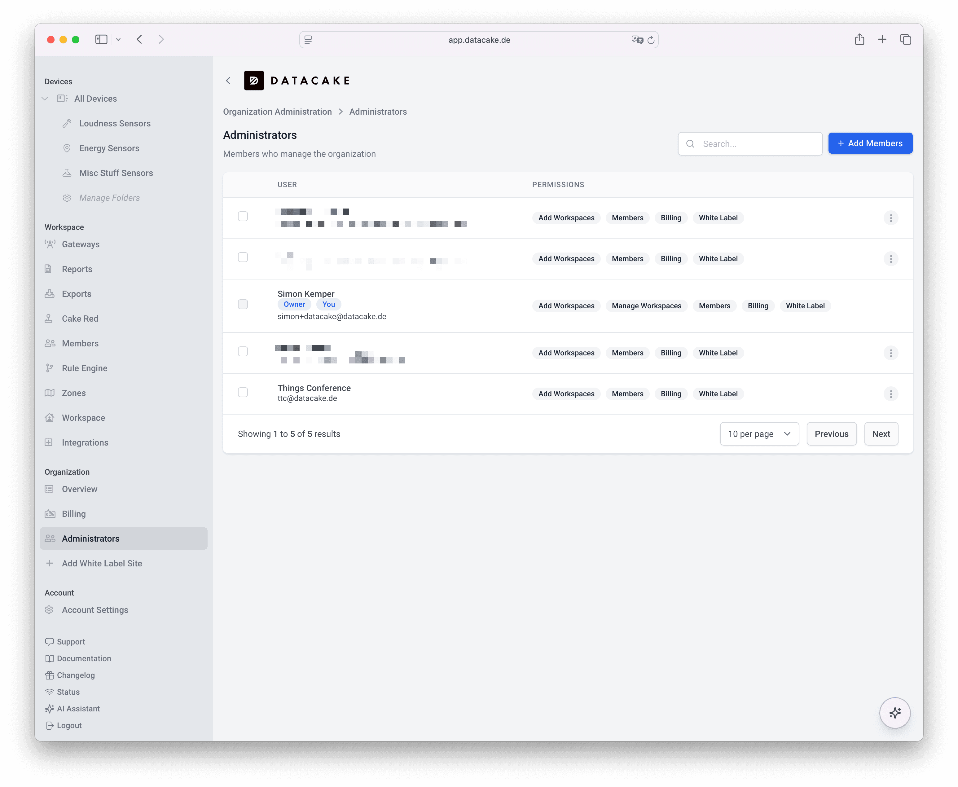 Organization administration view with tenant management across the customer base