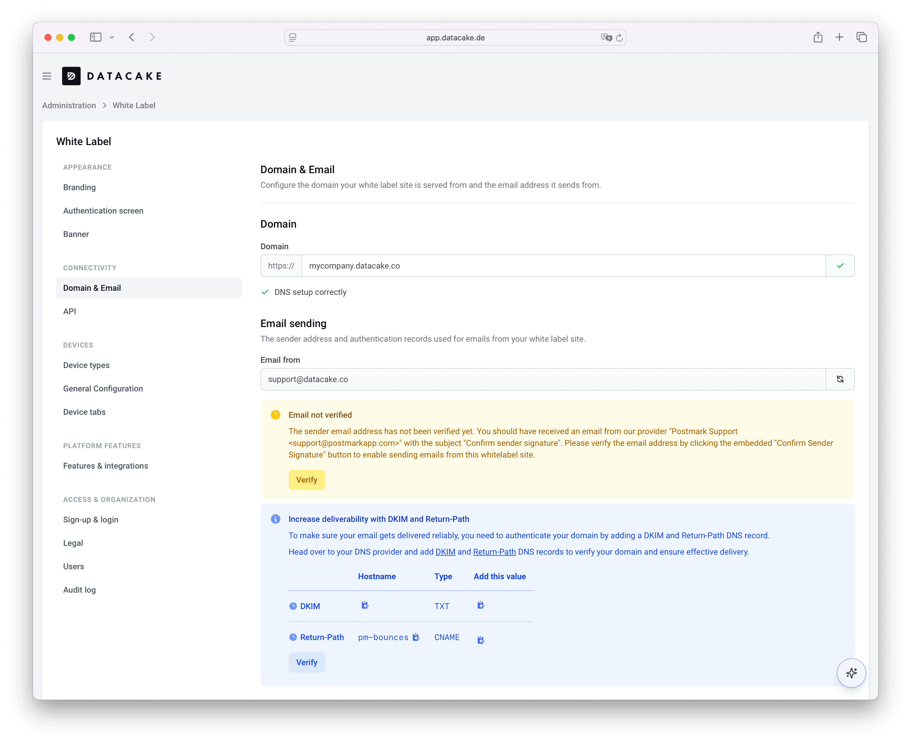 Custom domain and branded email sender configuration with SSL