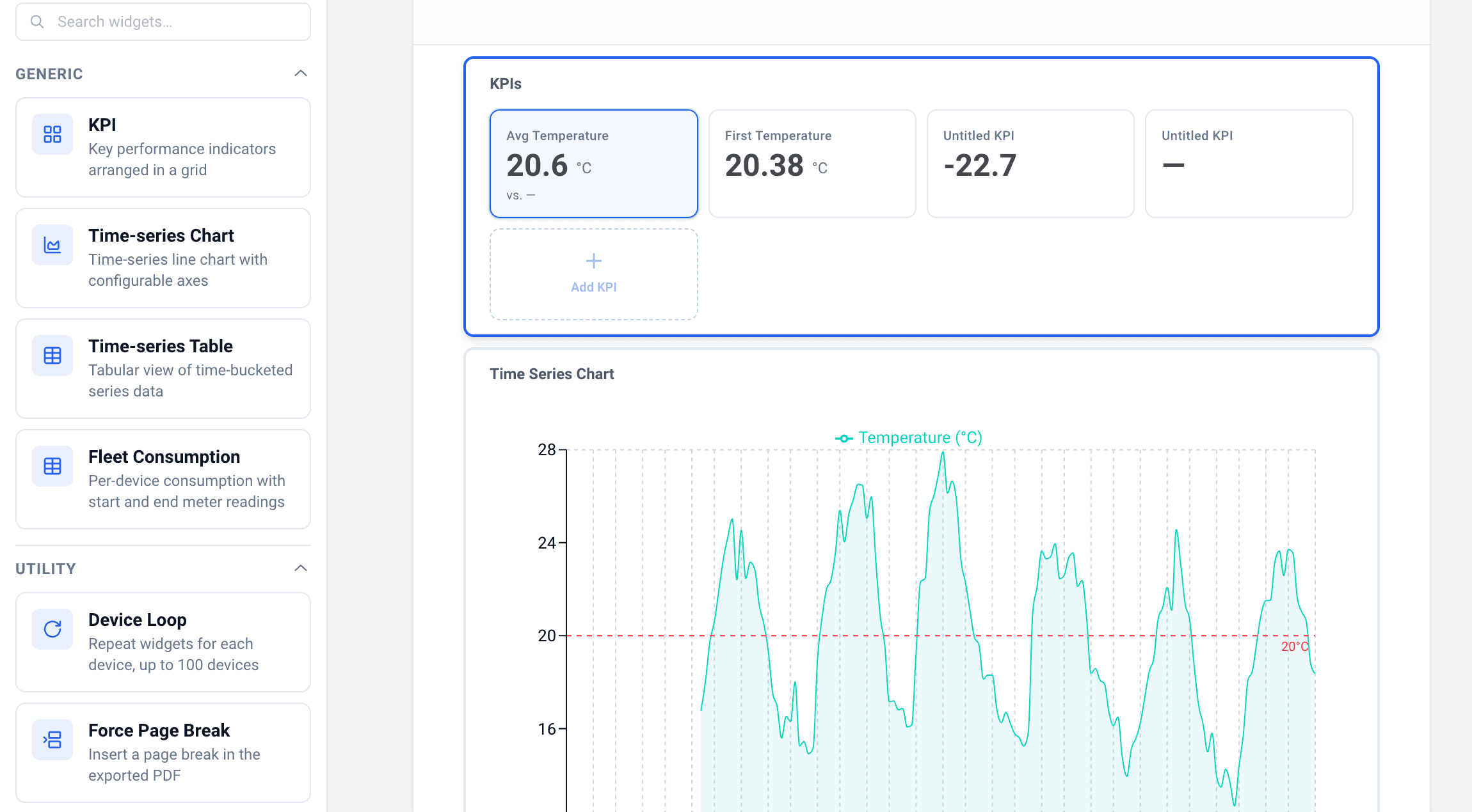 Datacake Report Builder with the widget library and a report canvas showing KPIs and a temperature chart