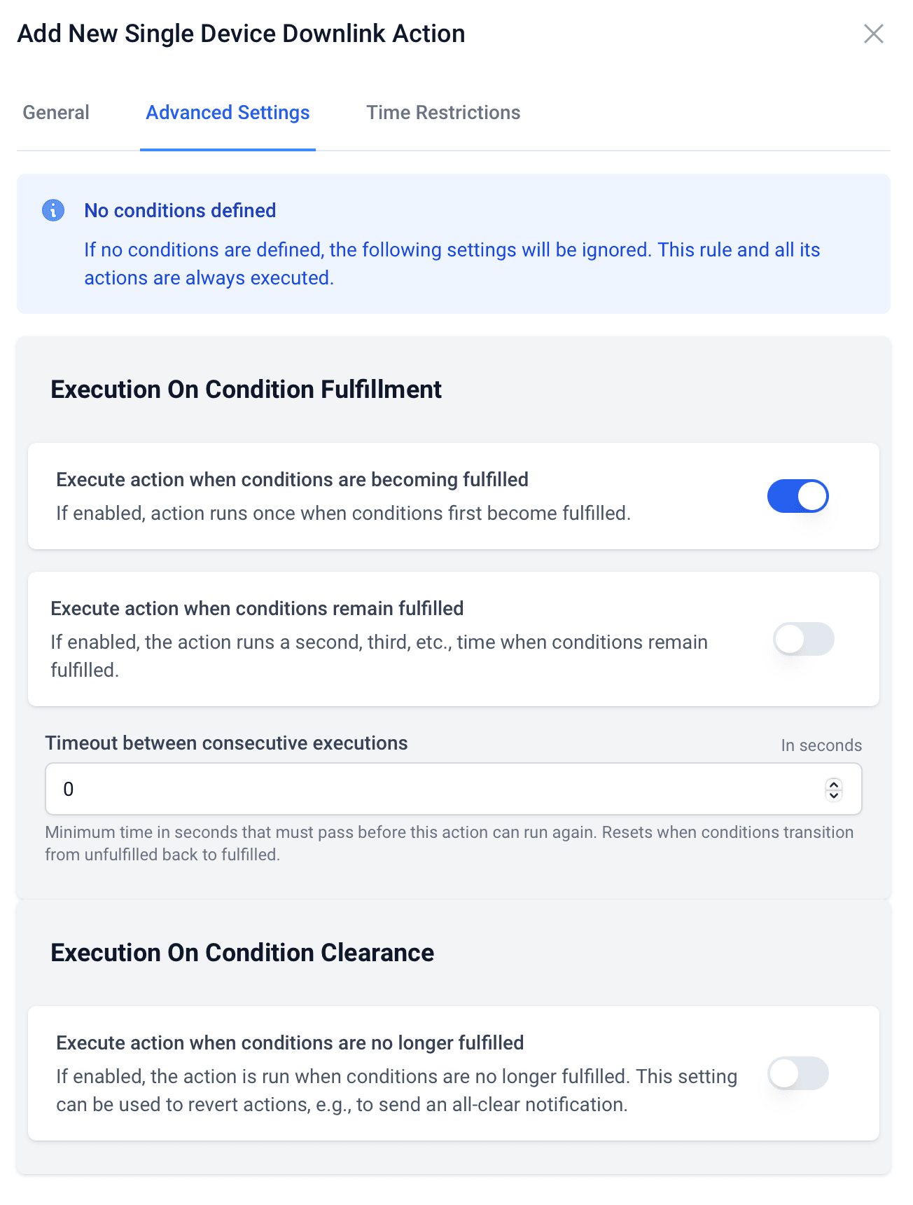 Advanced execution settings with condition fulfillment, repeat timeout and clearance options