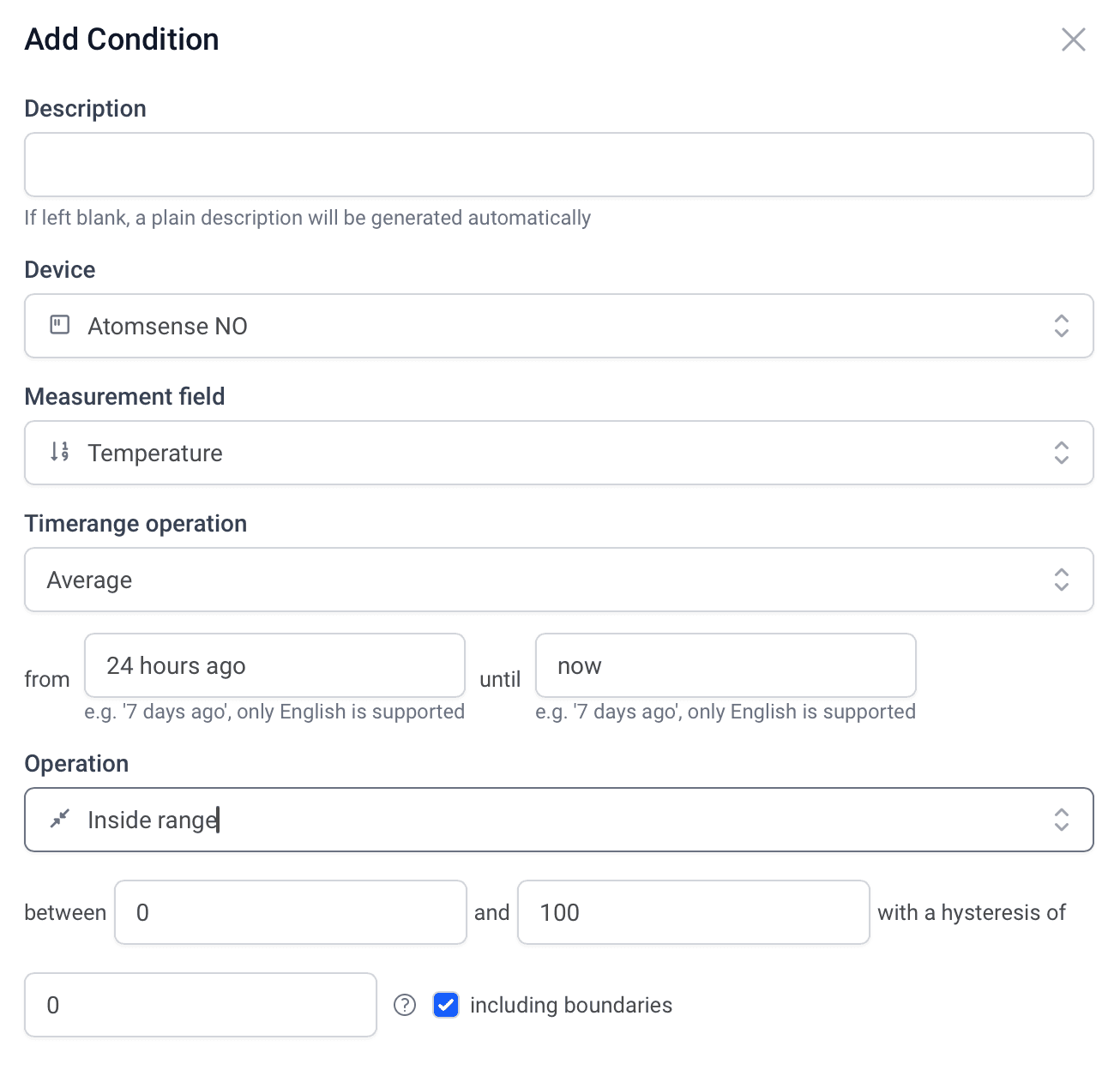 Condition builder with measurement field, time-range aggregation, range operation and hysteresis