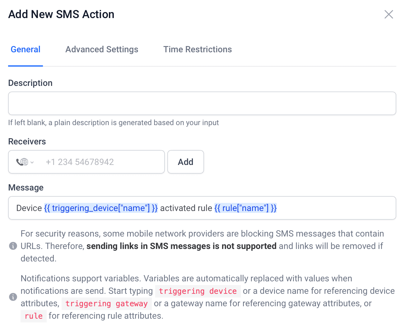 SMS action configuration with template variables for device and rule names