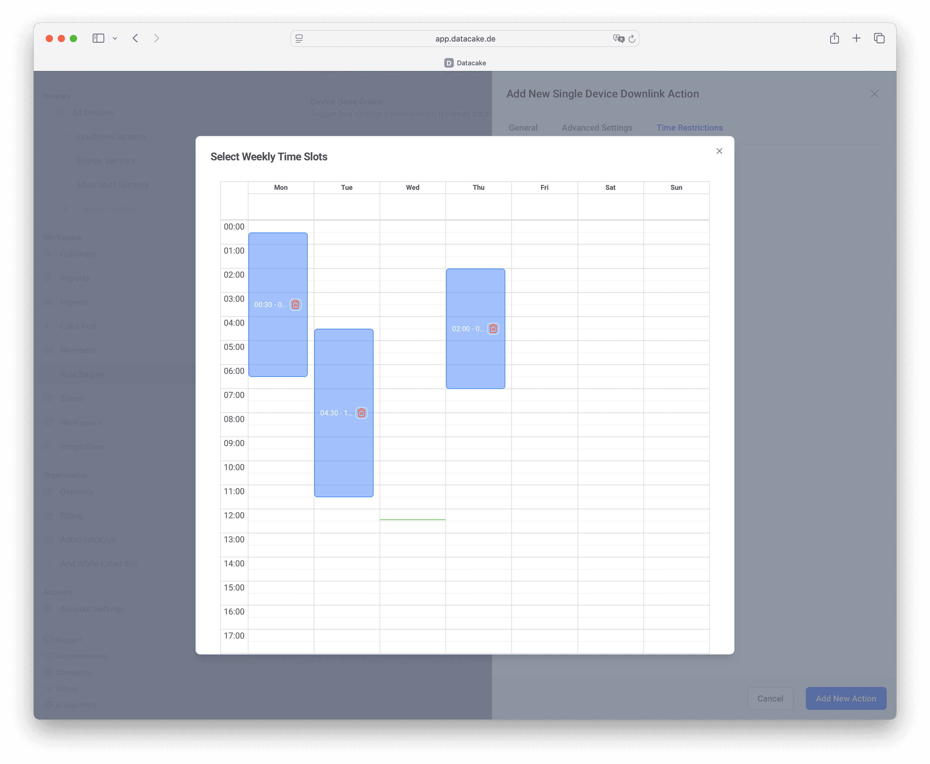 Weekly time slot picker restricting when a rule action may execute