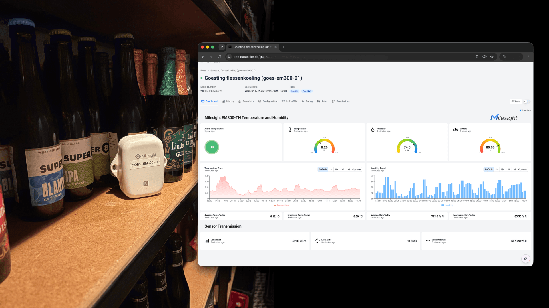 Datacake dashboard showing real-time temperature data for Goesting's refrigerators and freezers
