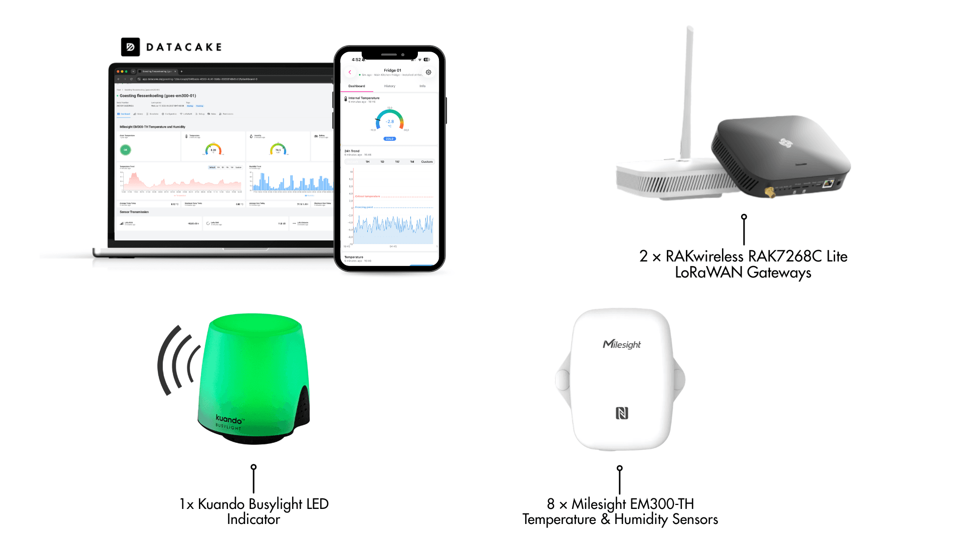 Overview of the hardware used: Milesight EM300-TH sensors and RAKwireless LoRaWAN gateways