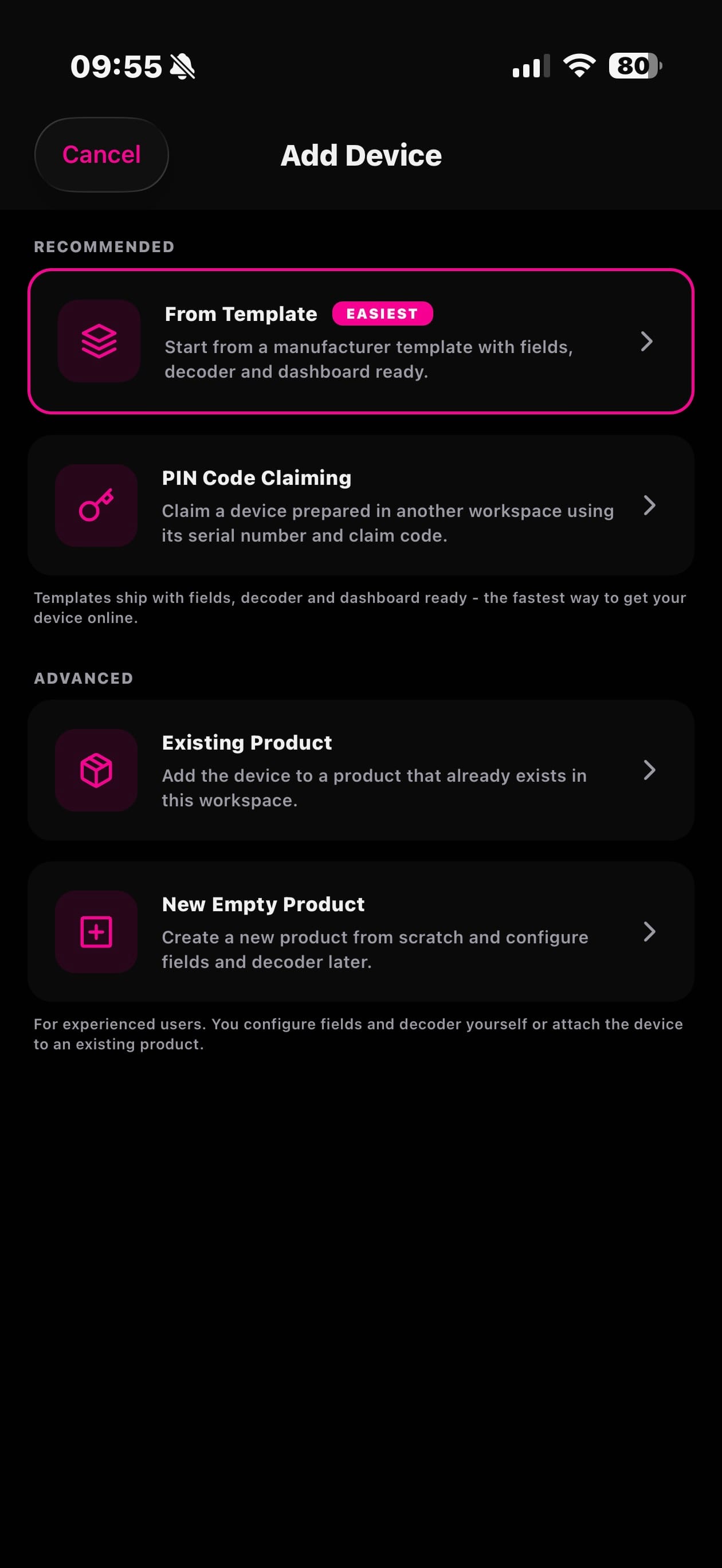 Datacake App showing the add-device flow with template, claiming and product options