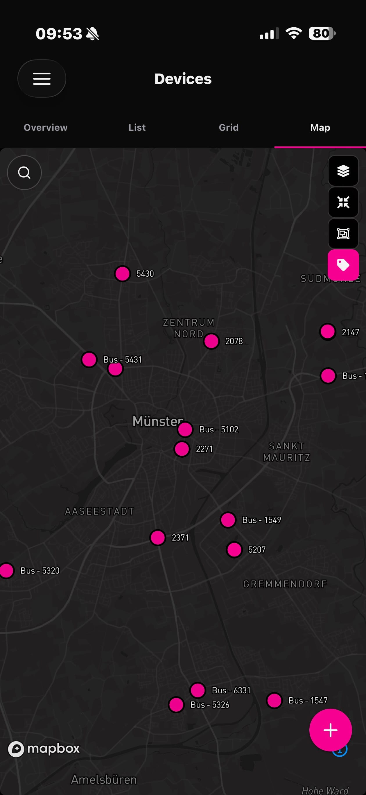 Datacake App in dark mode showing the device fleet on a live map with device names