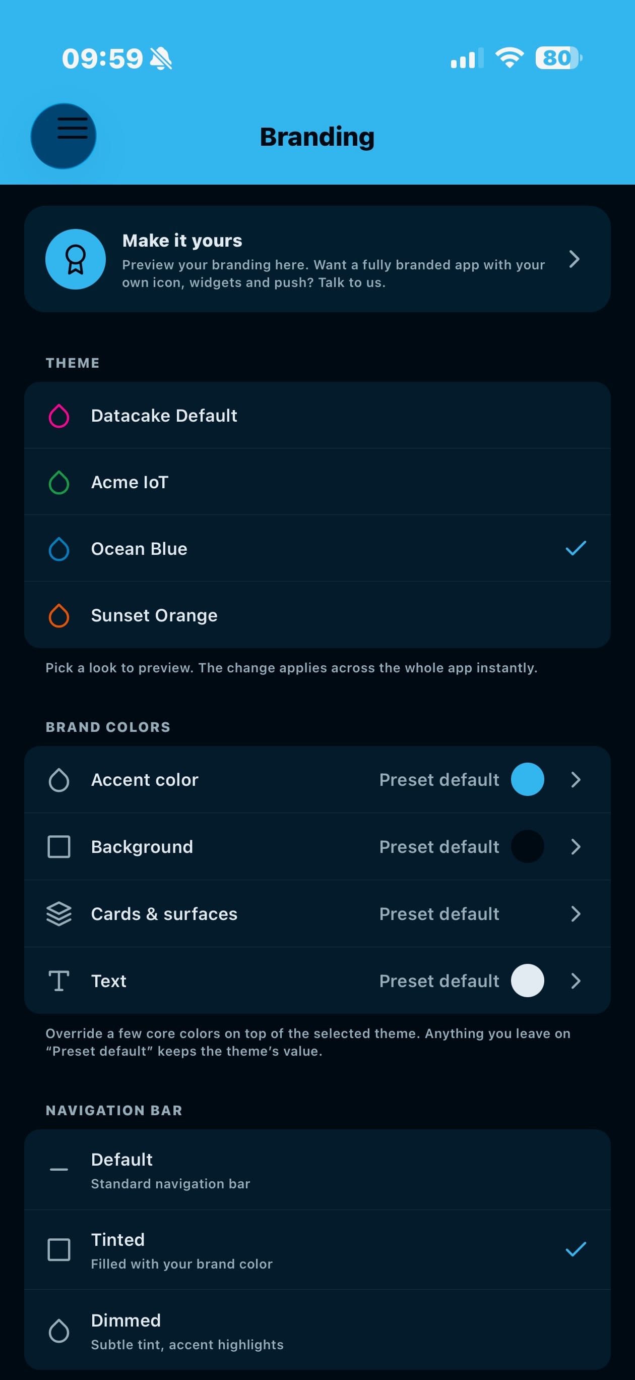 White-labeled Datacake App in dark mode with a blue brand color scheme