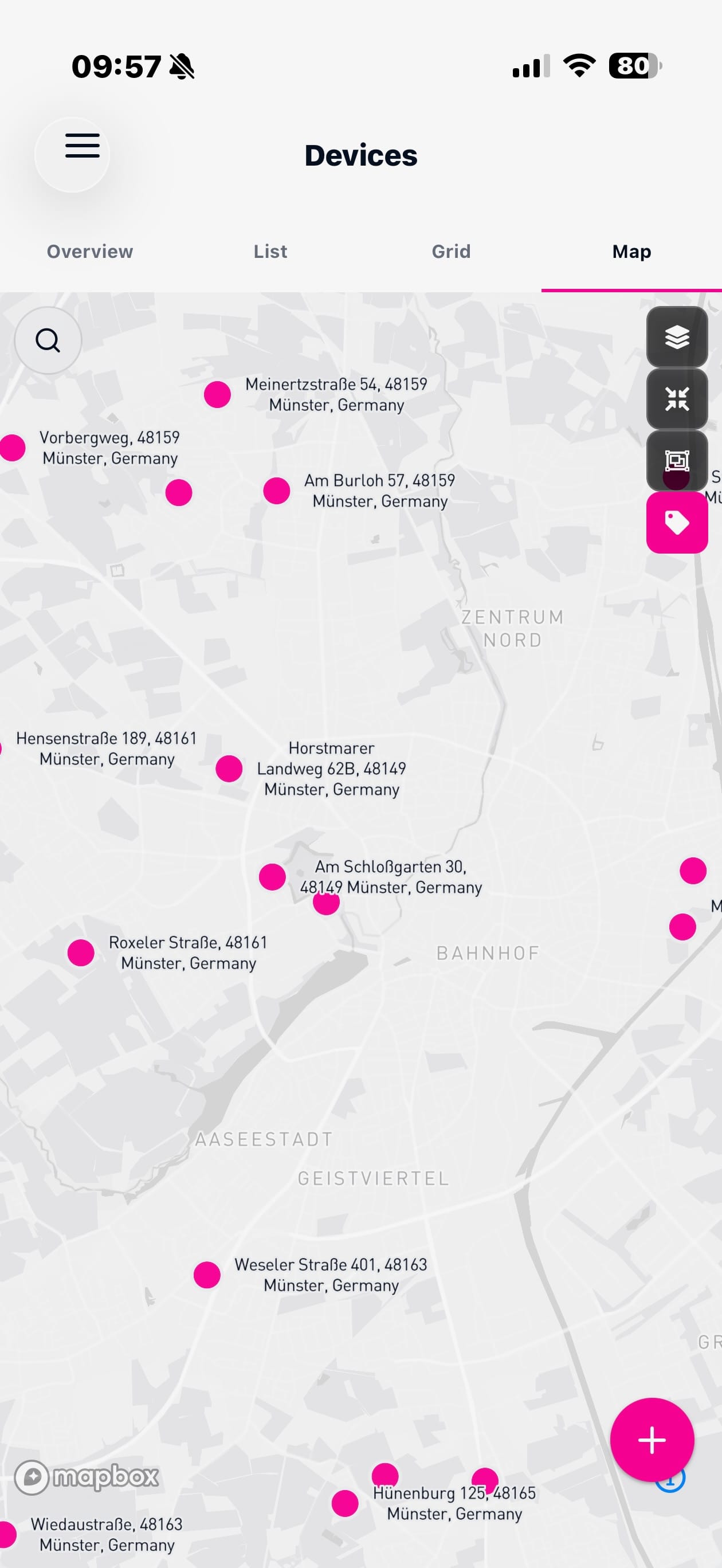 Datacake App in light mode showing the device fleet on a live map with device names