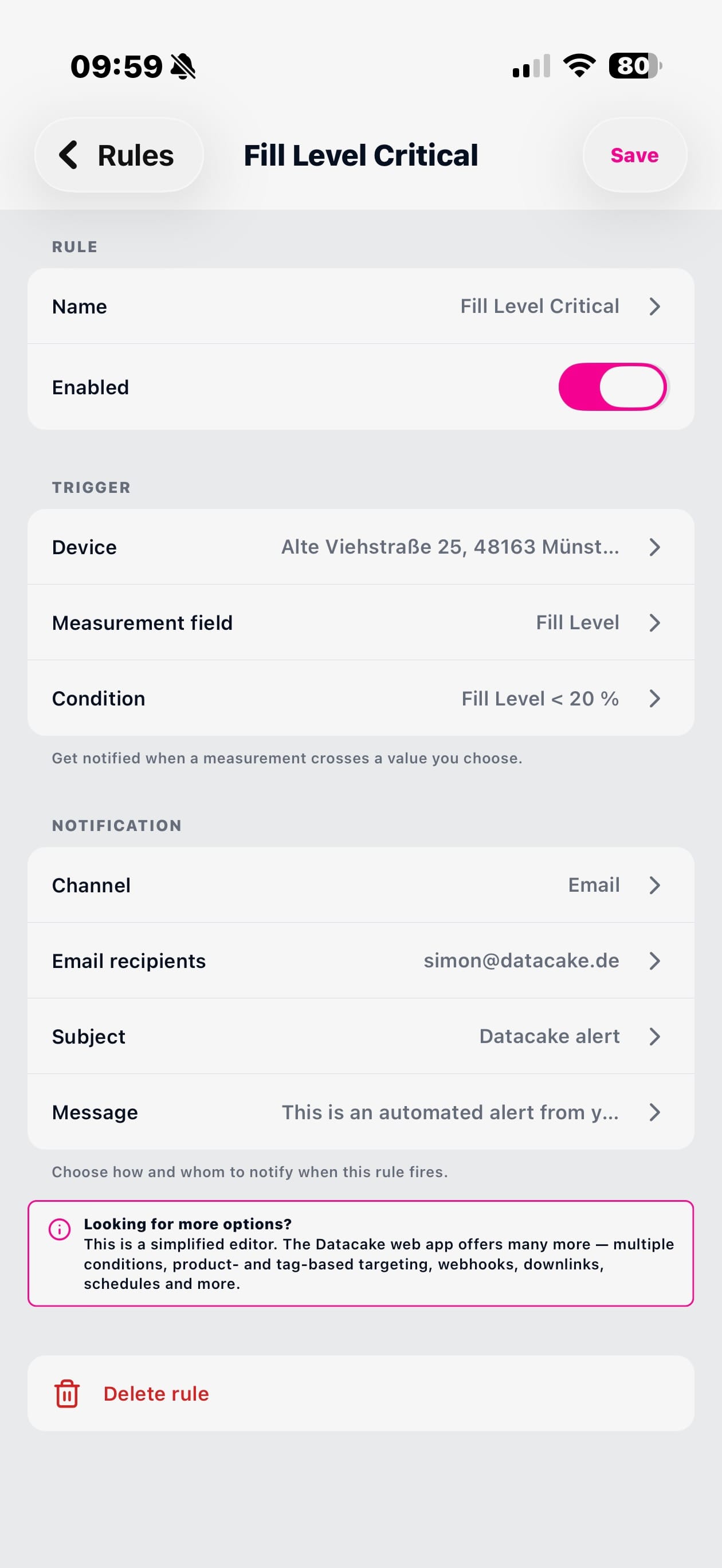 Datacake App showing the rule editor with a fill-level alert condition and notification settings