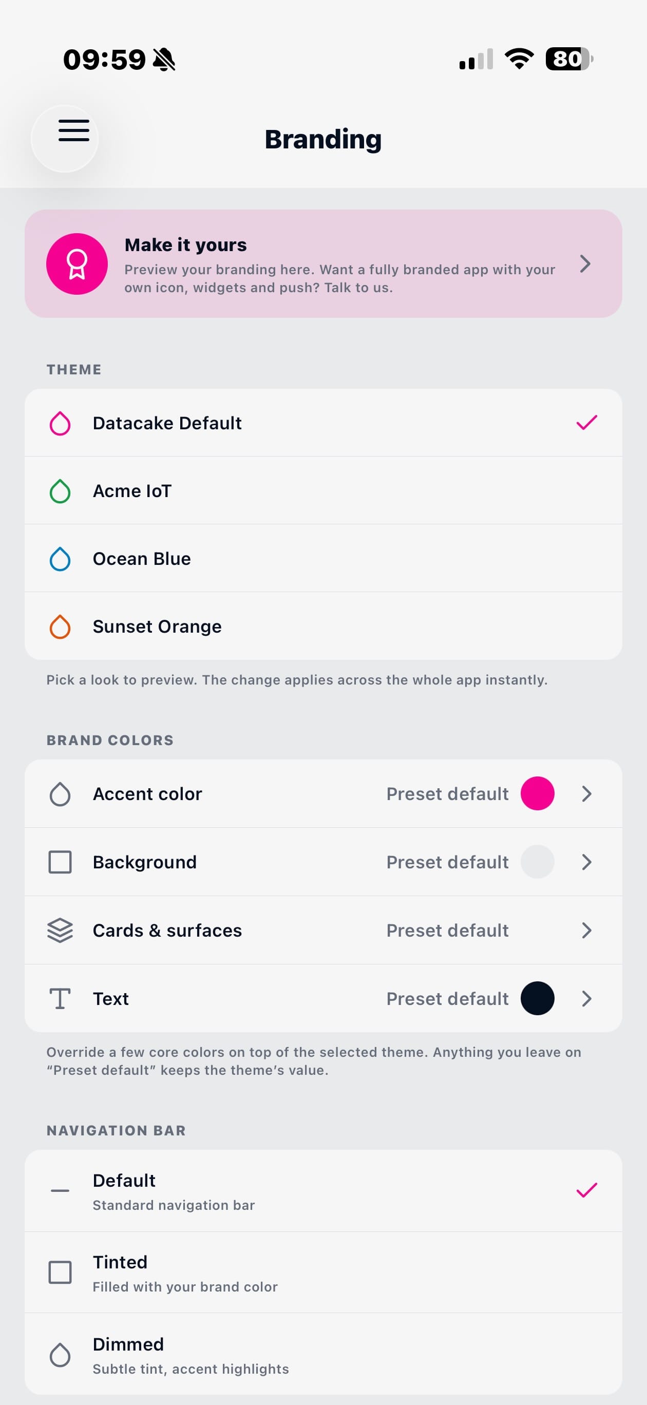 White-label branding options in the app showing theme, brand colors and navigation styles