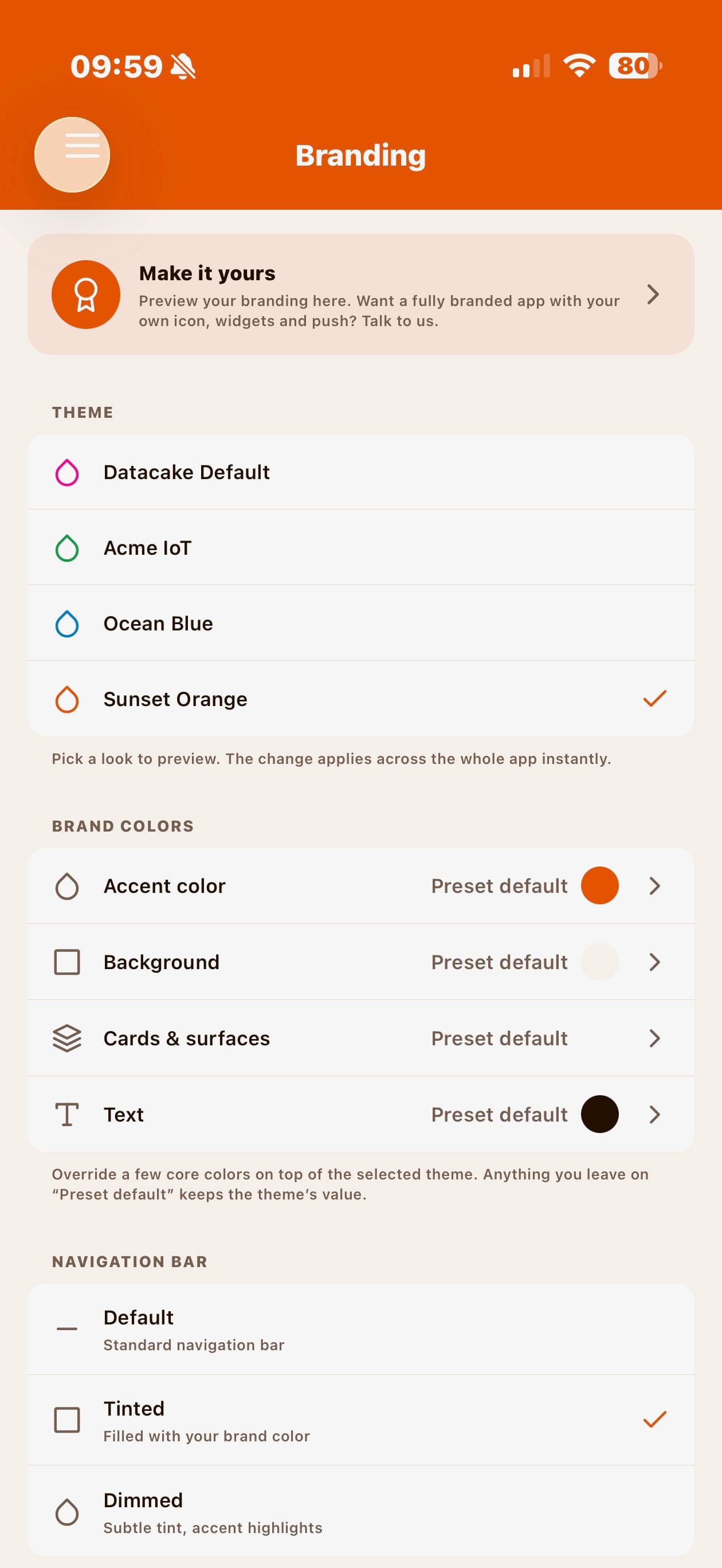 White-labeled Datacake App in light mode with an orange brand color scheme