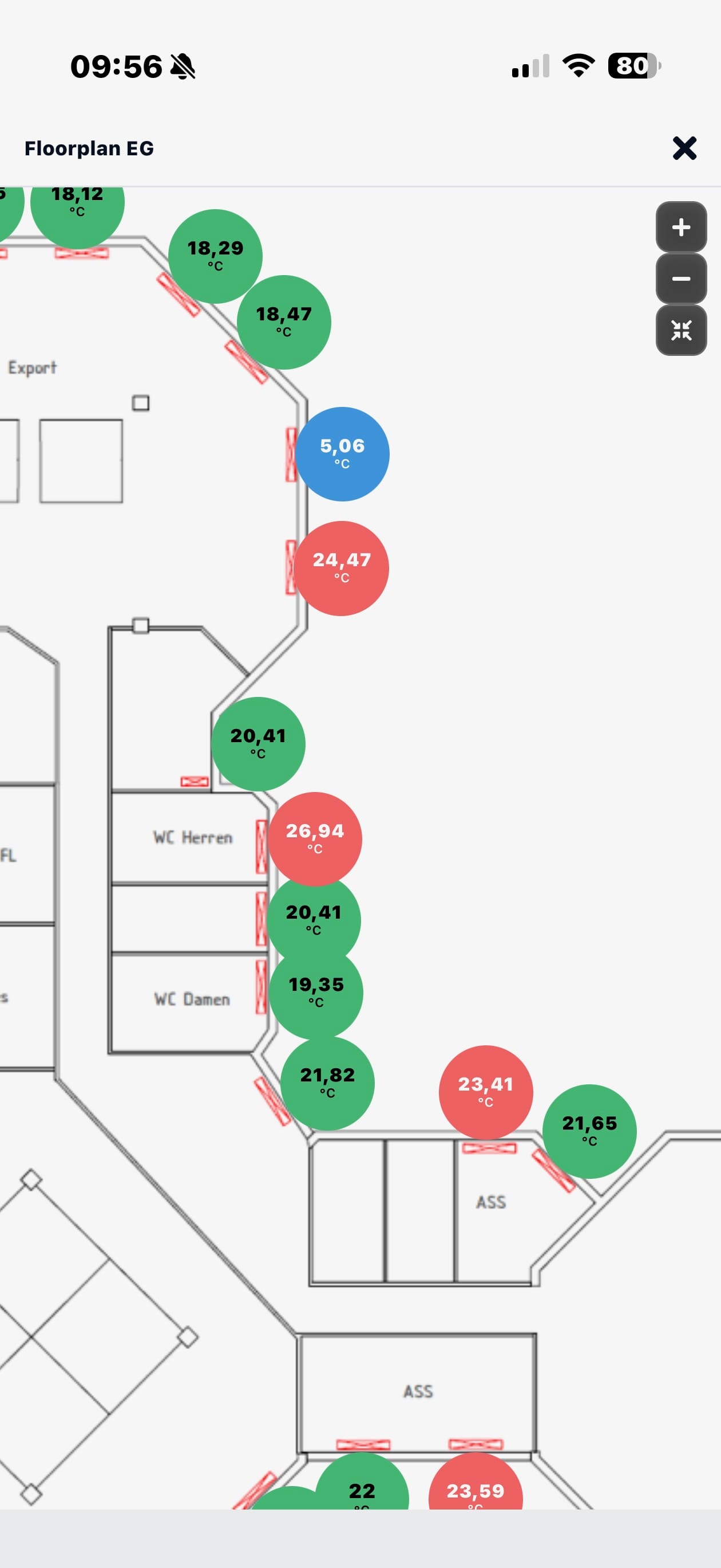 Datacake App in light mode showing a workspace dashboard with a floorplan widget