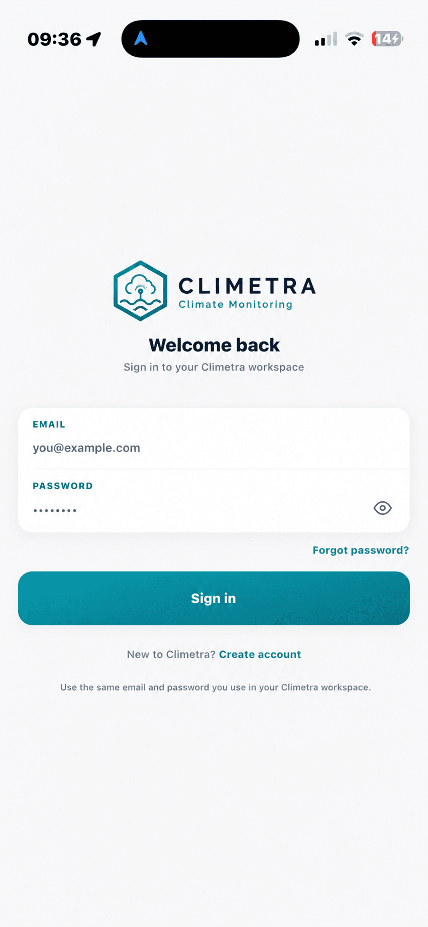 White-label app login screen branded as Climetra with a teal color scheme