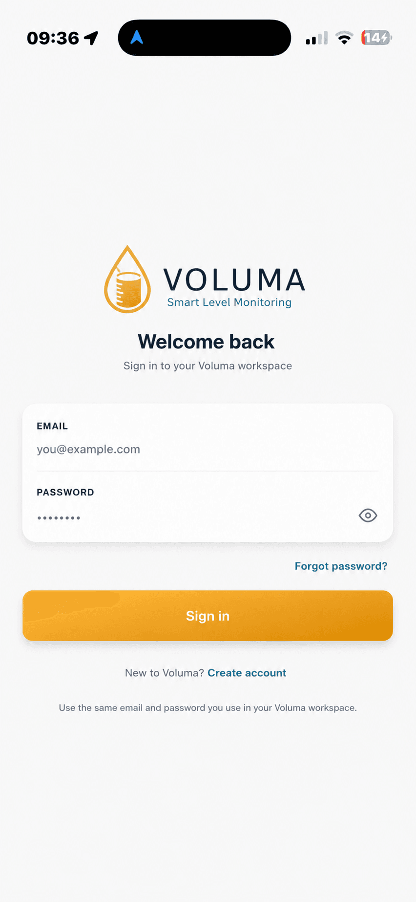 White-label app login screen branded as Voluma with an orange color scheme