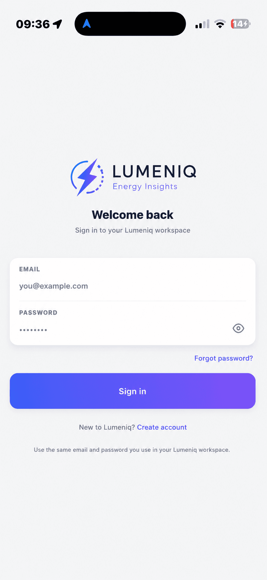 White-label app login screen branded as Lumeniq with a blue color scheme