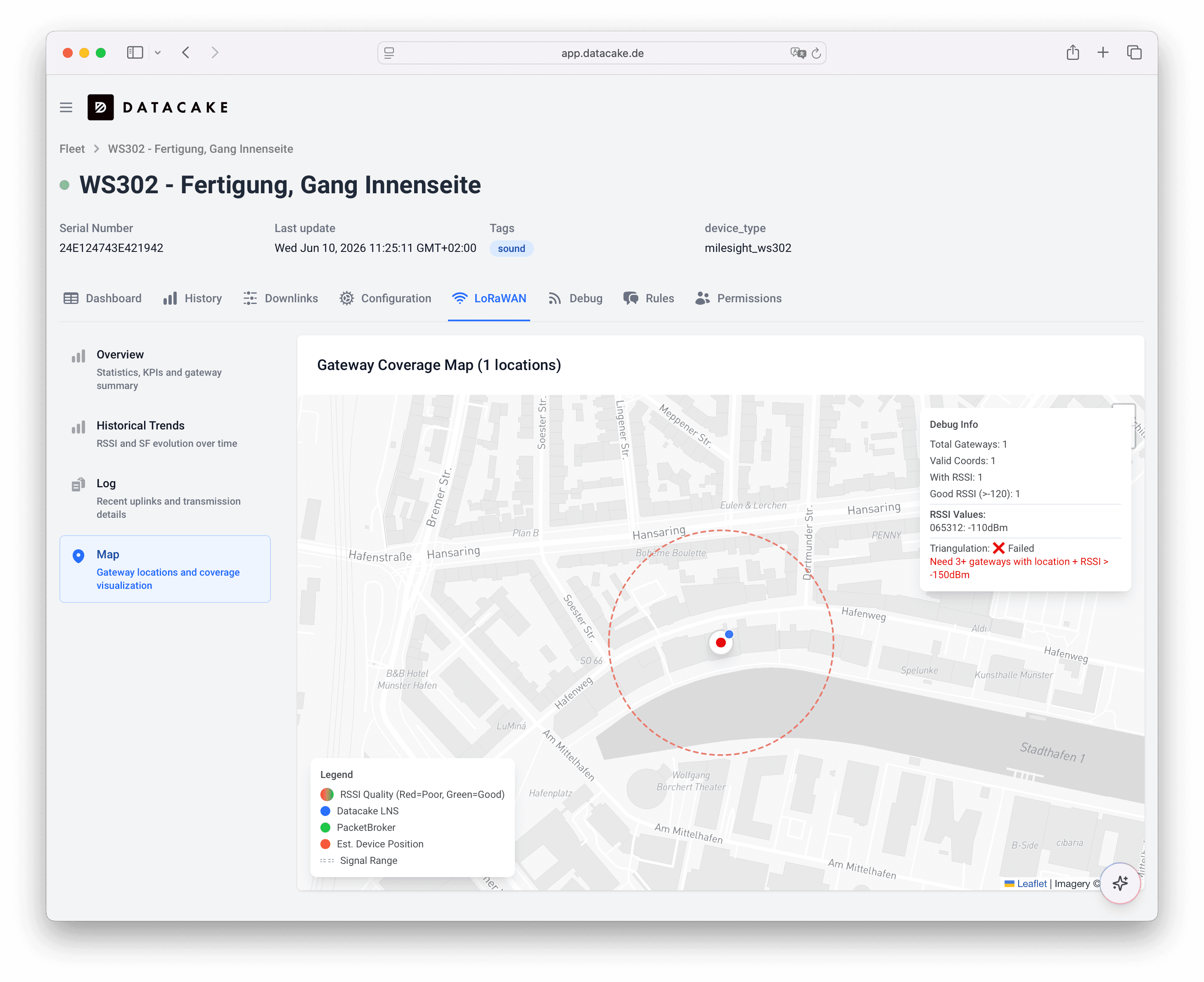 LoRaWAN-Ansicht eines Geräts mit Gateway-Abdeckungskarte und RSSI-Werten