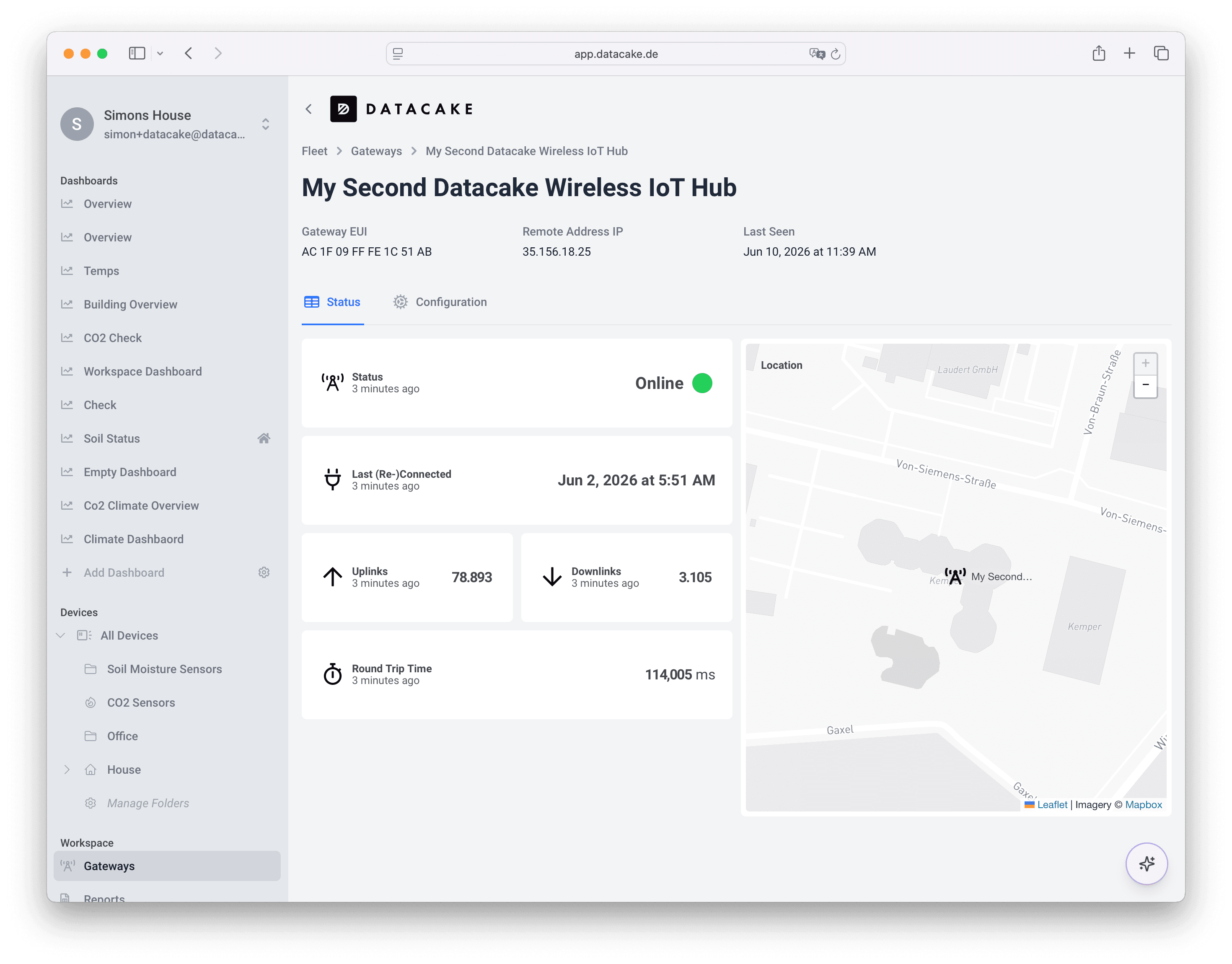 Gateway-Detailansicht im Datacake LNS mit Status, Uplinks, Downlinks und Standortkarte