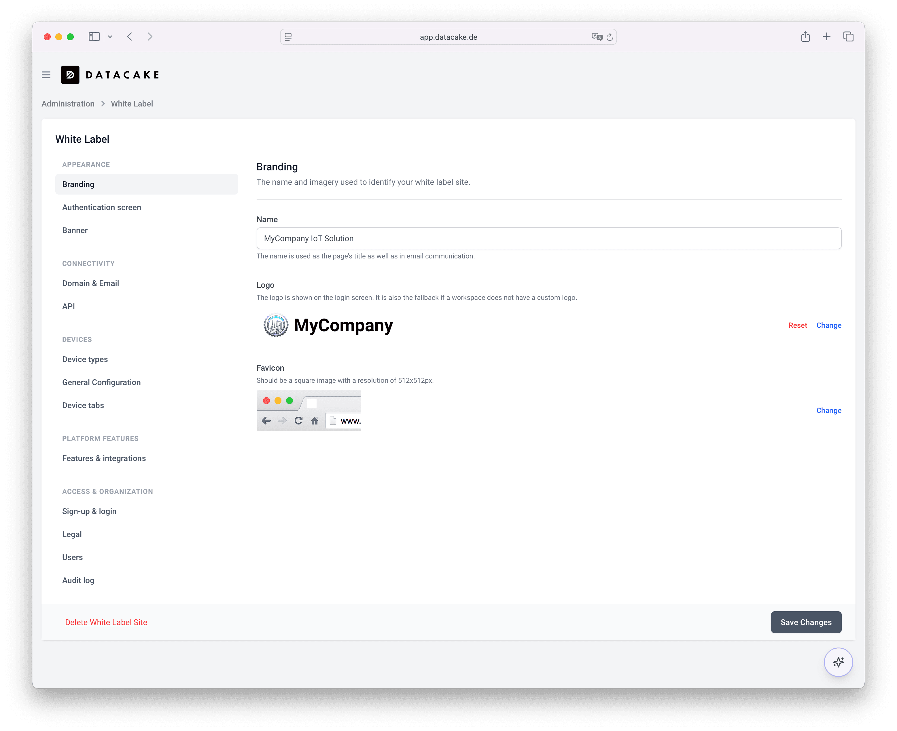 Datacake white label setup overview with branding, domain and feature configuration