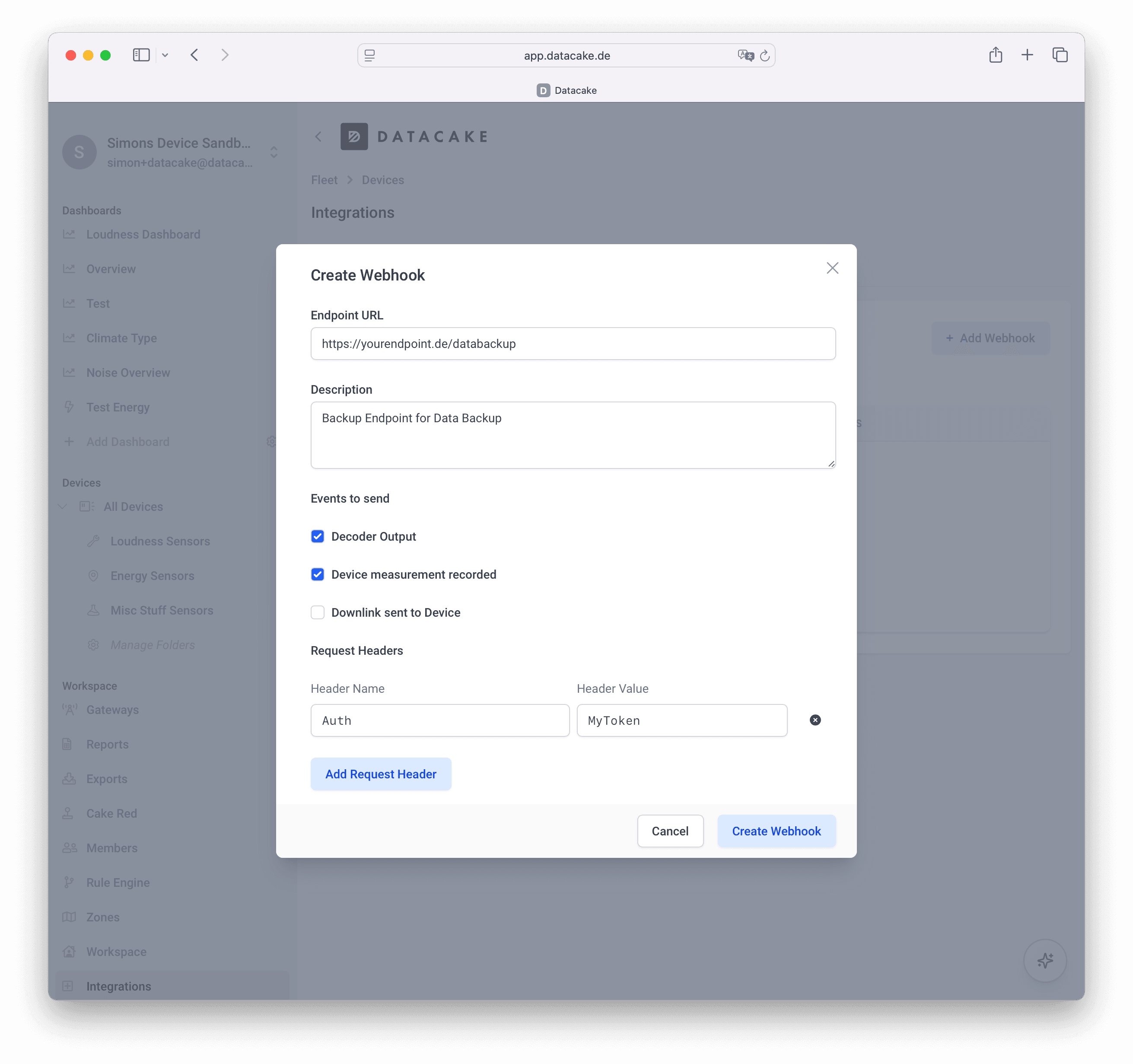Dialog zum Anlegen eines Webhooks mit Endpoint-URL, Ereignissen und Request-Headern