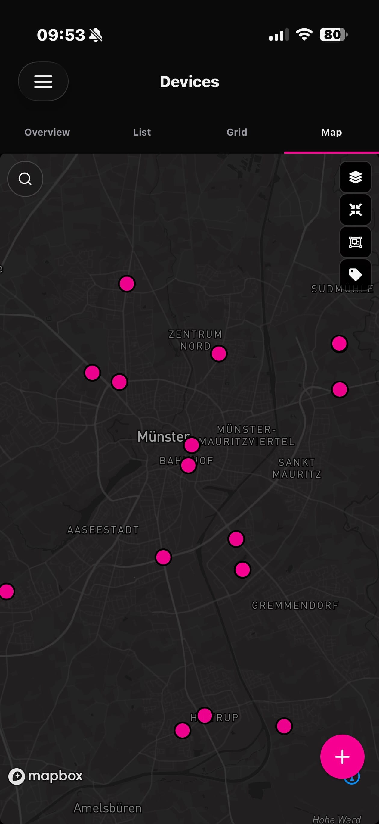 Datacake App showing the device fleet on a map