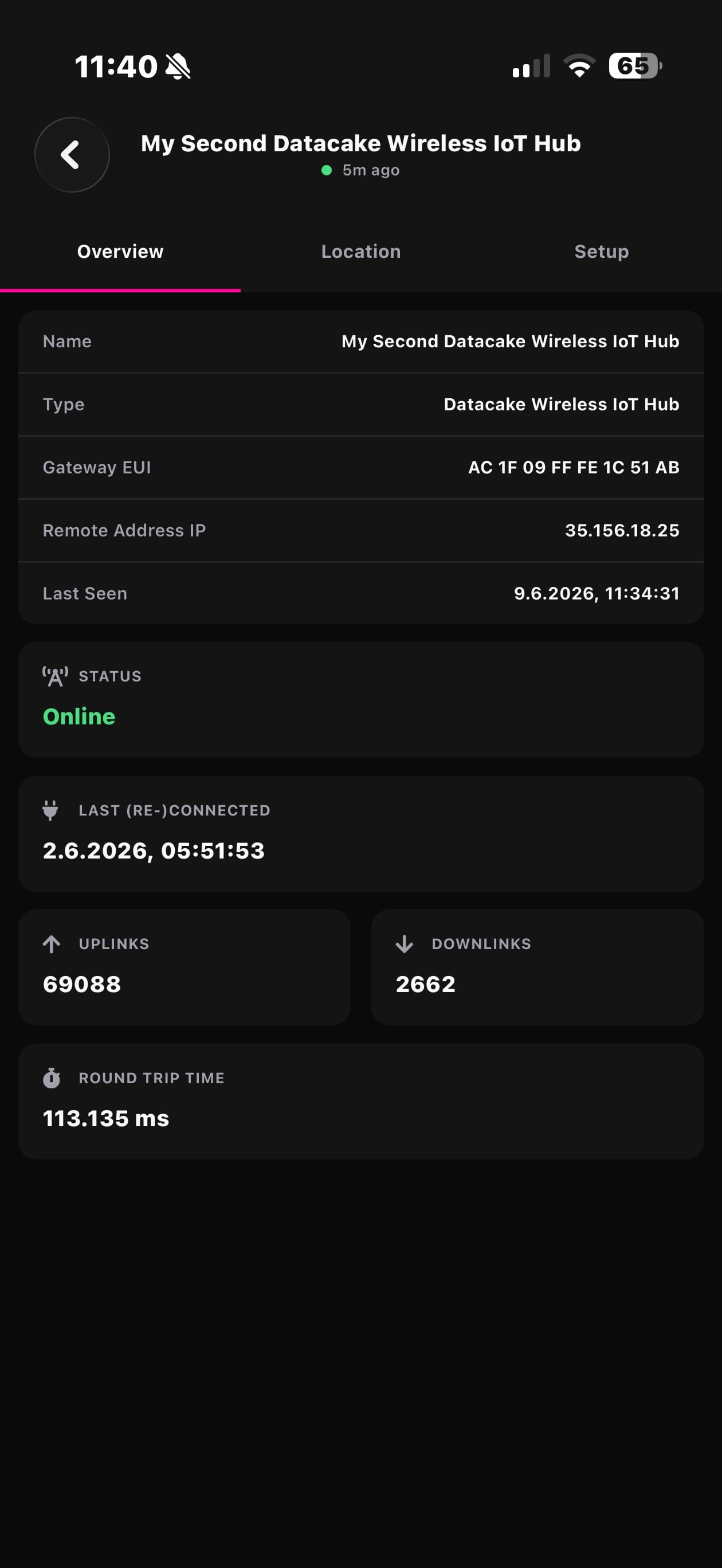 Datacake mobile app showing the live status of a Wireless IoT Hub gateway with uplinks, downlinks and round trip time
