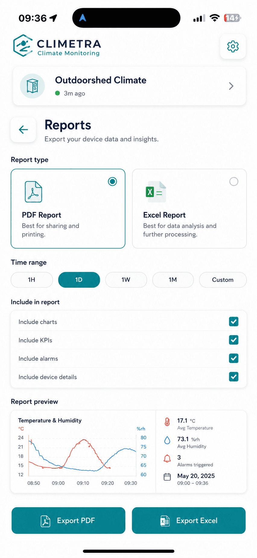 In-app report export screen with PDF and Excel options, time range and report preview