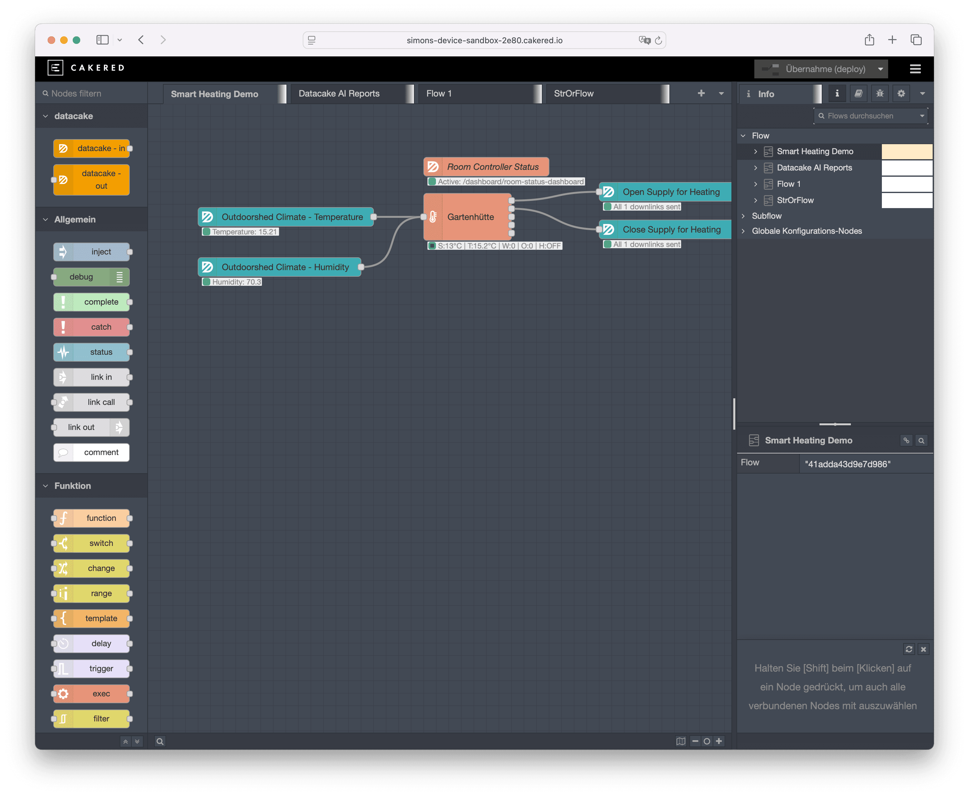 Node-RED flow in Cake Red forwarding sensor data to external systems