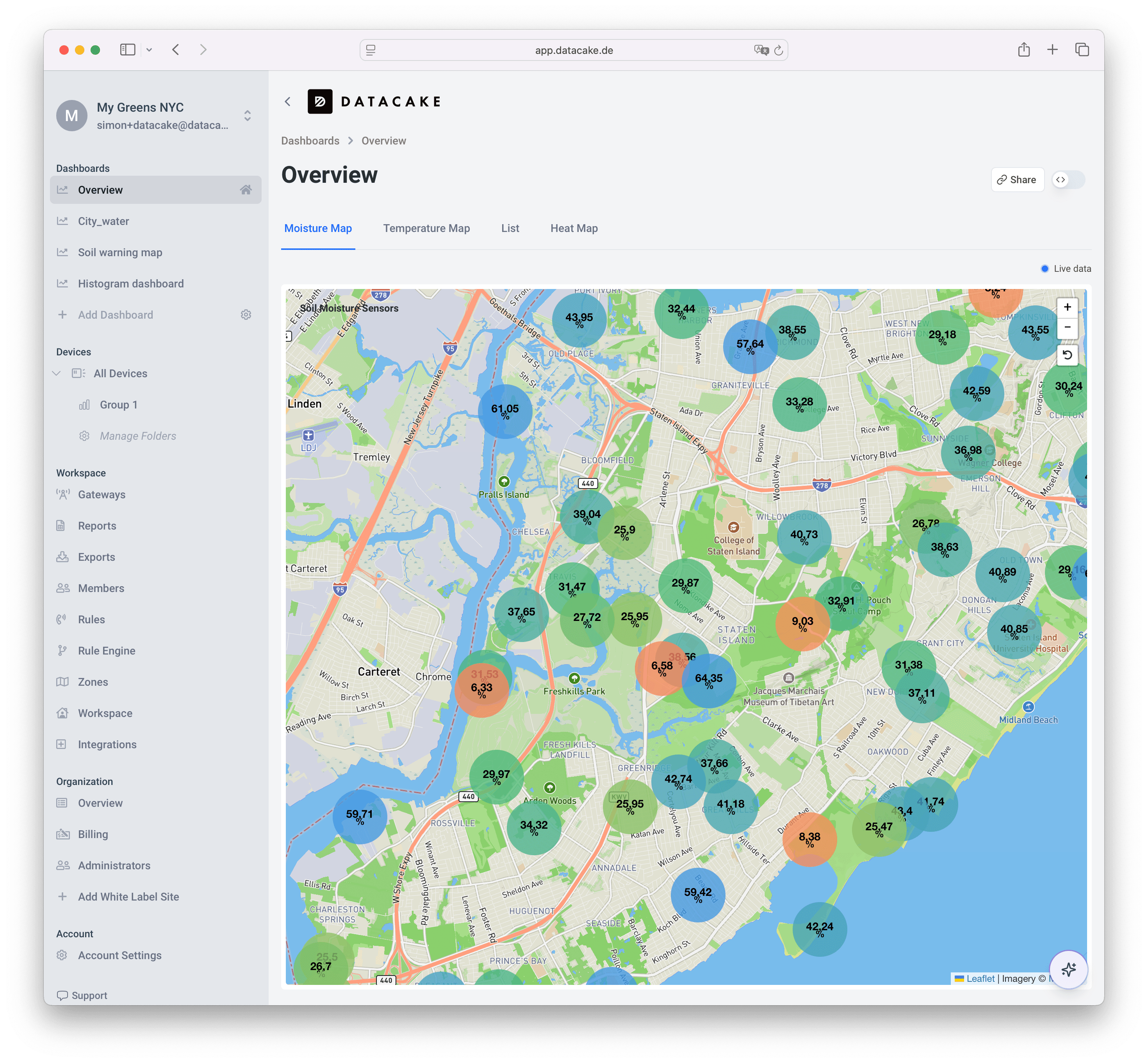 Smart-city map with live soil moisture levels across multiple zones