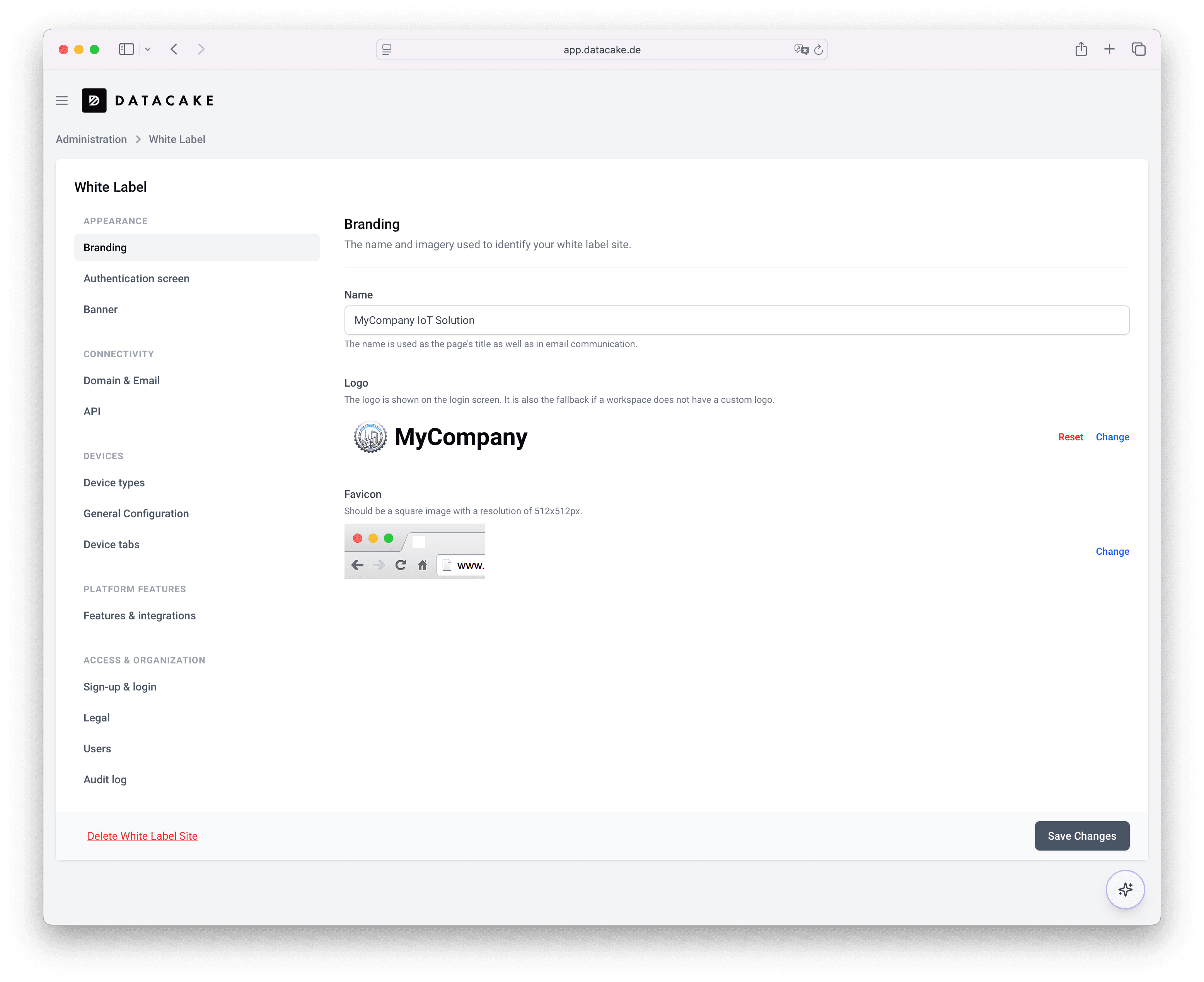 Datacake white label setup overview with branding, domain and feature configuration