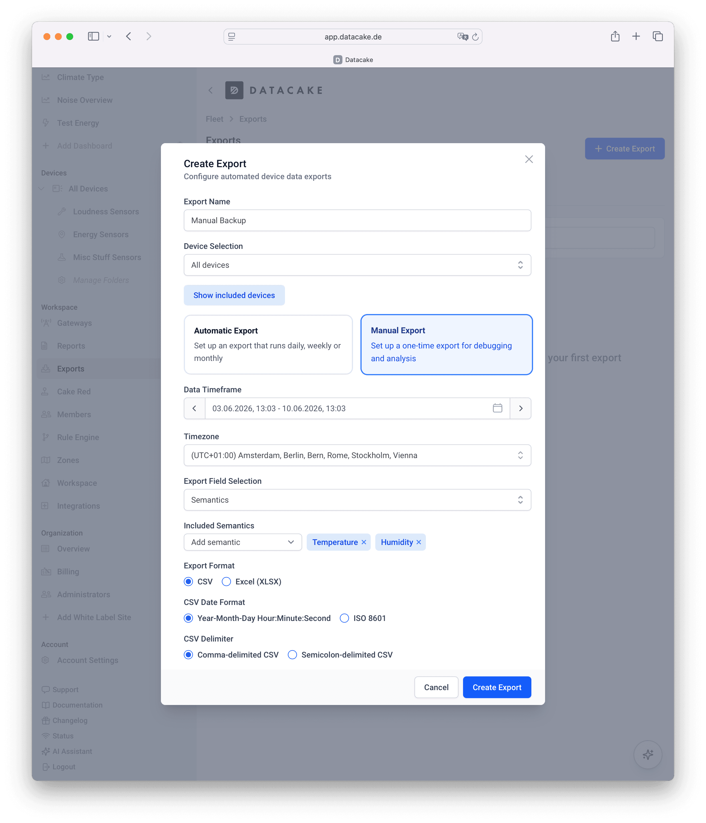 Create Export dialog with manual and automatic recurring modes, semantics field selection and CSV options
