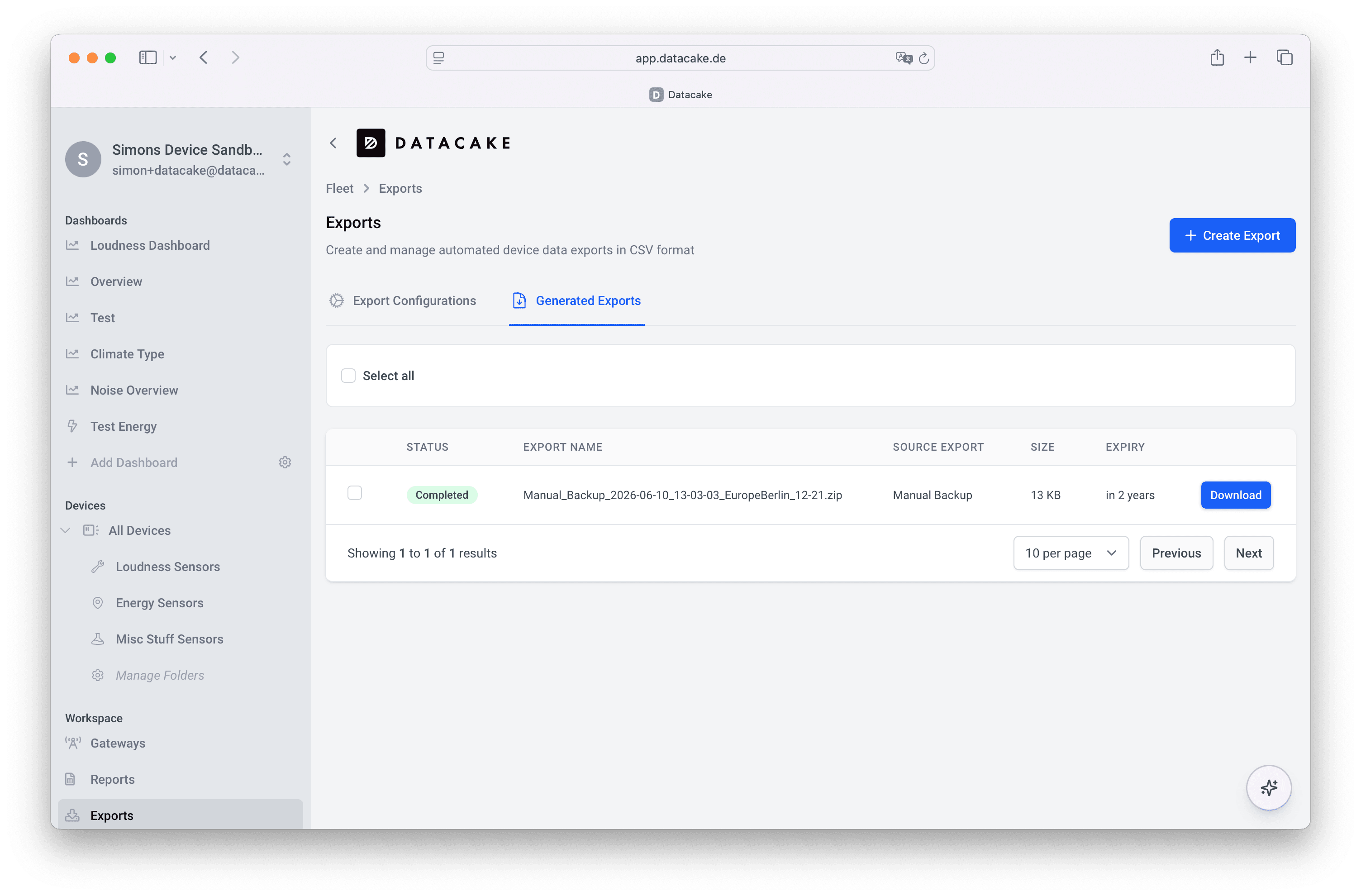 Exports page with a completed backup ready for download and long-term retention