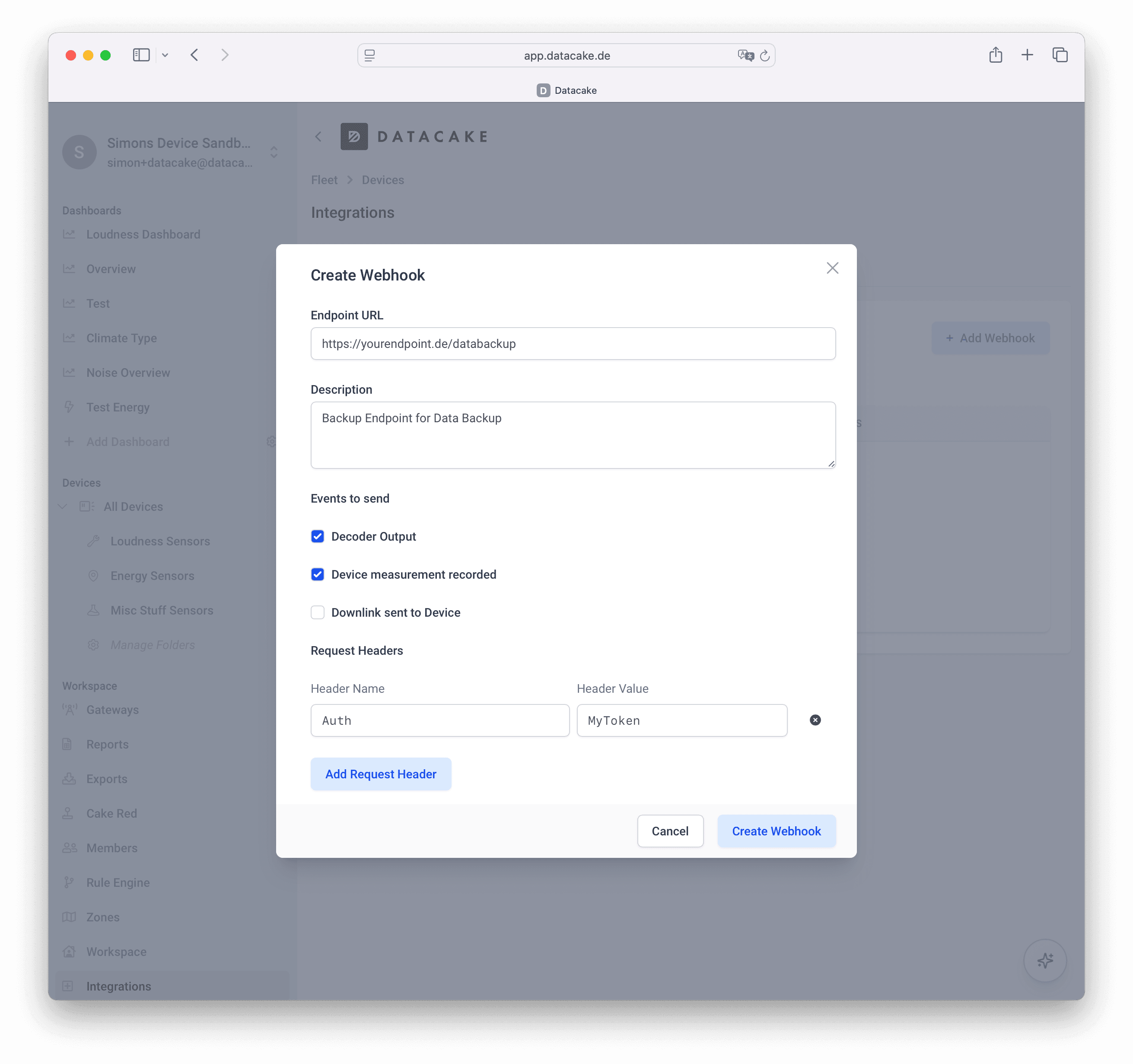 Create Webhook dialog forwarding live device data to an external backup endpoint