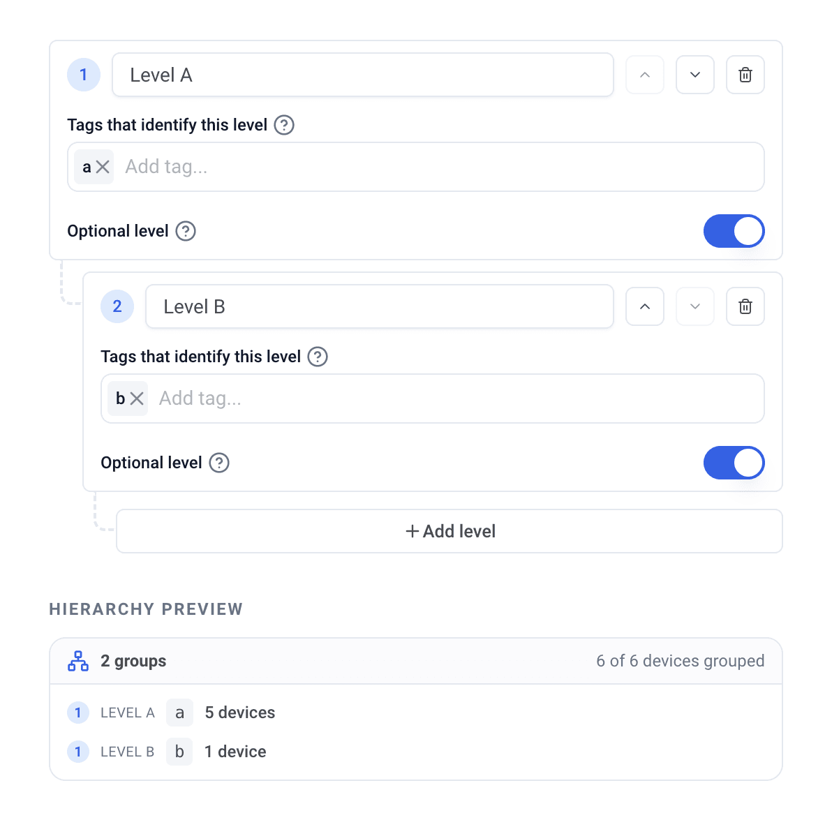 Device hierarchy configuration with two tag-based levels and a preview of the grouped devices