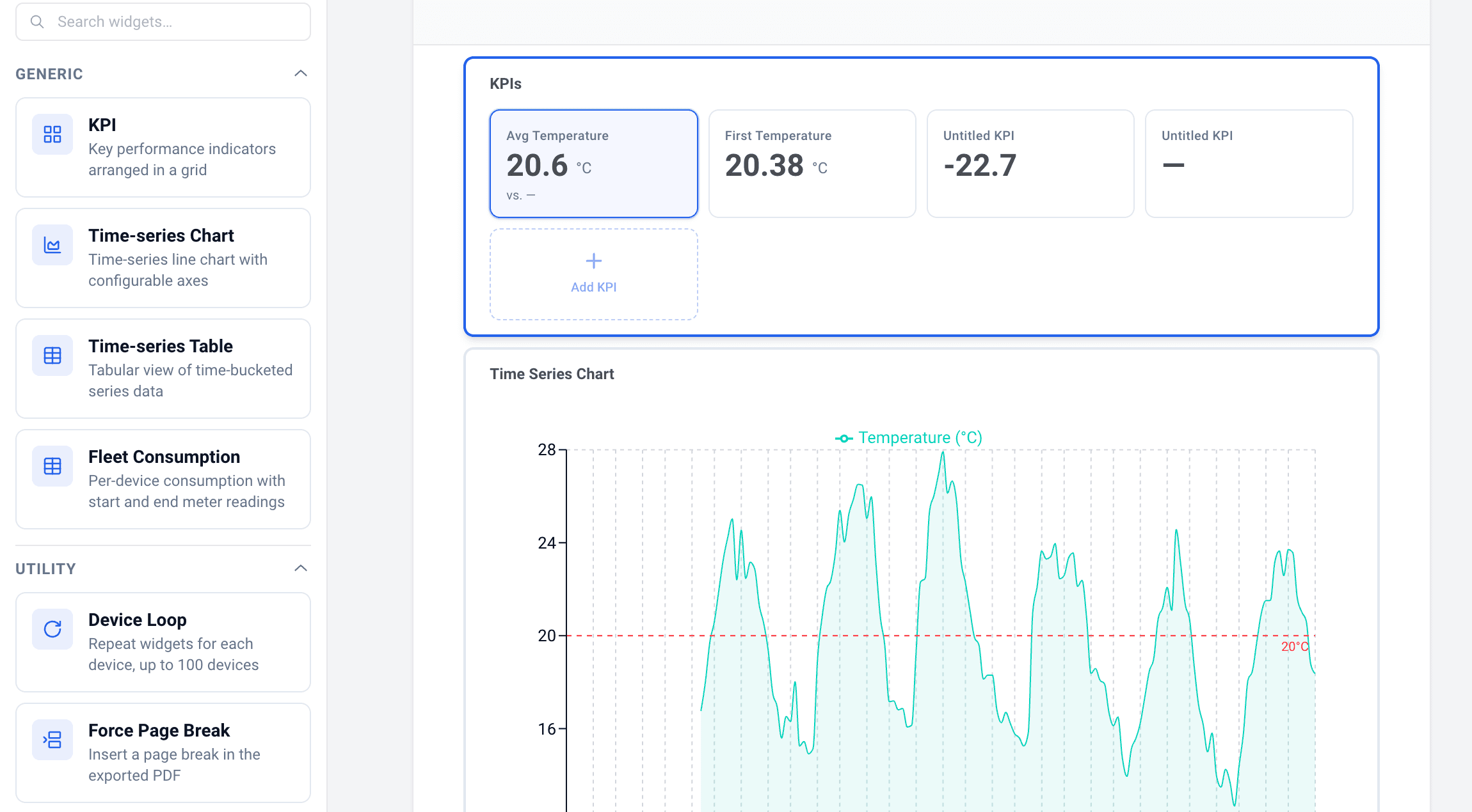 Datacake Report Builder with the widget library and a report canvas showing KPIs and a temperature chart