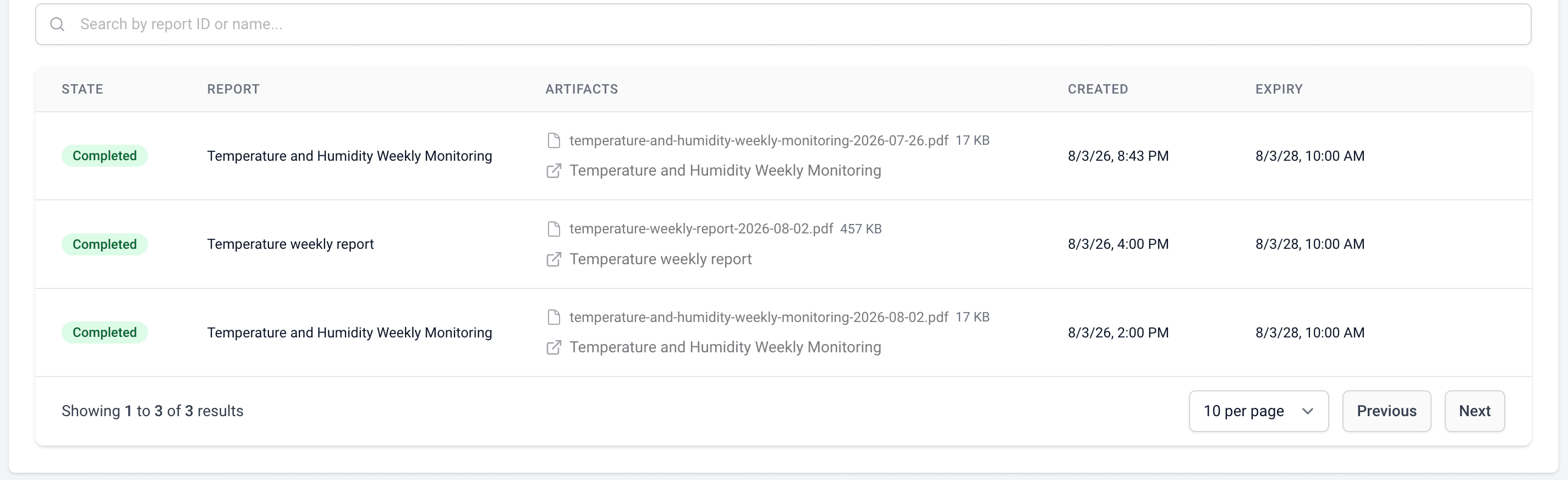 Generated Reports list with completed weekly reports, PDF and web view artefacts, creation and expiry dates