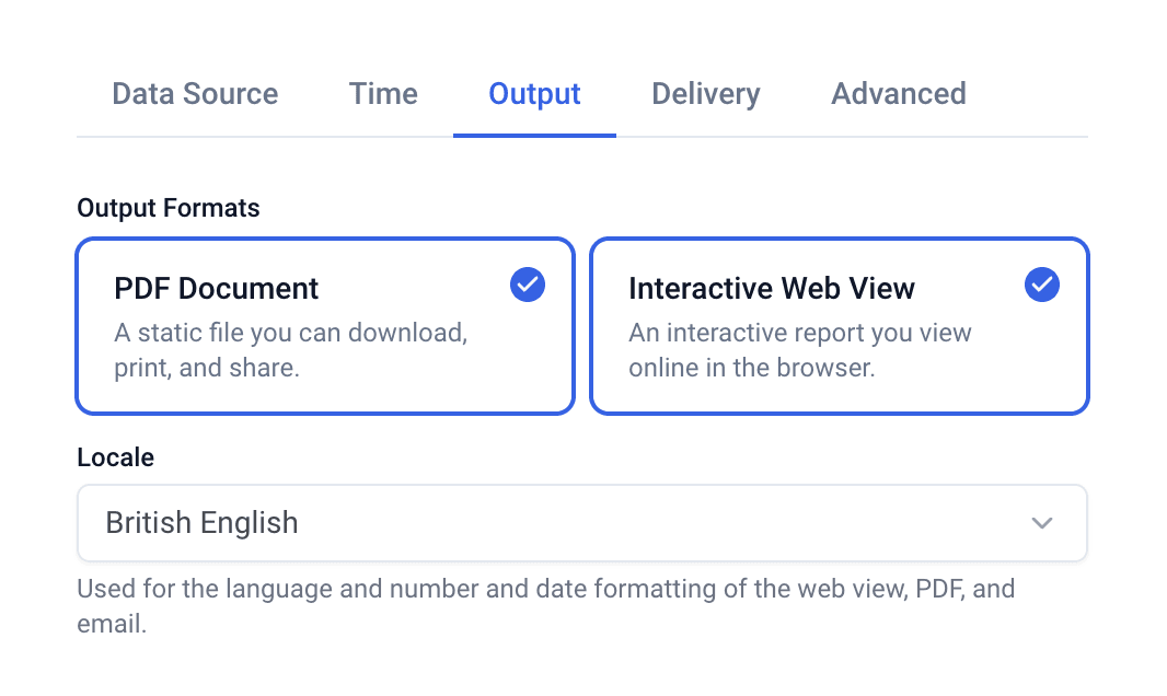 Output settings with PDF document and interactive web view selected and a locale for language and number formats