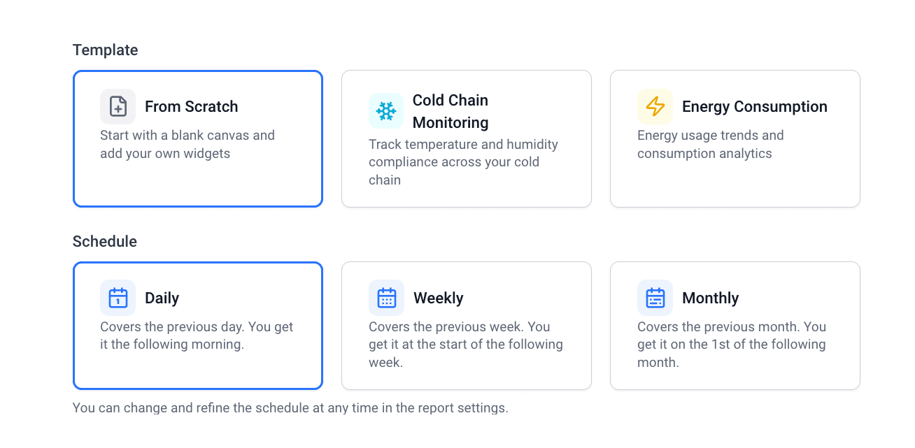 Template selection in the Datacake Report Builder with the Cold Chain Monitoring template and daily, weekly or monthly schedules