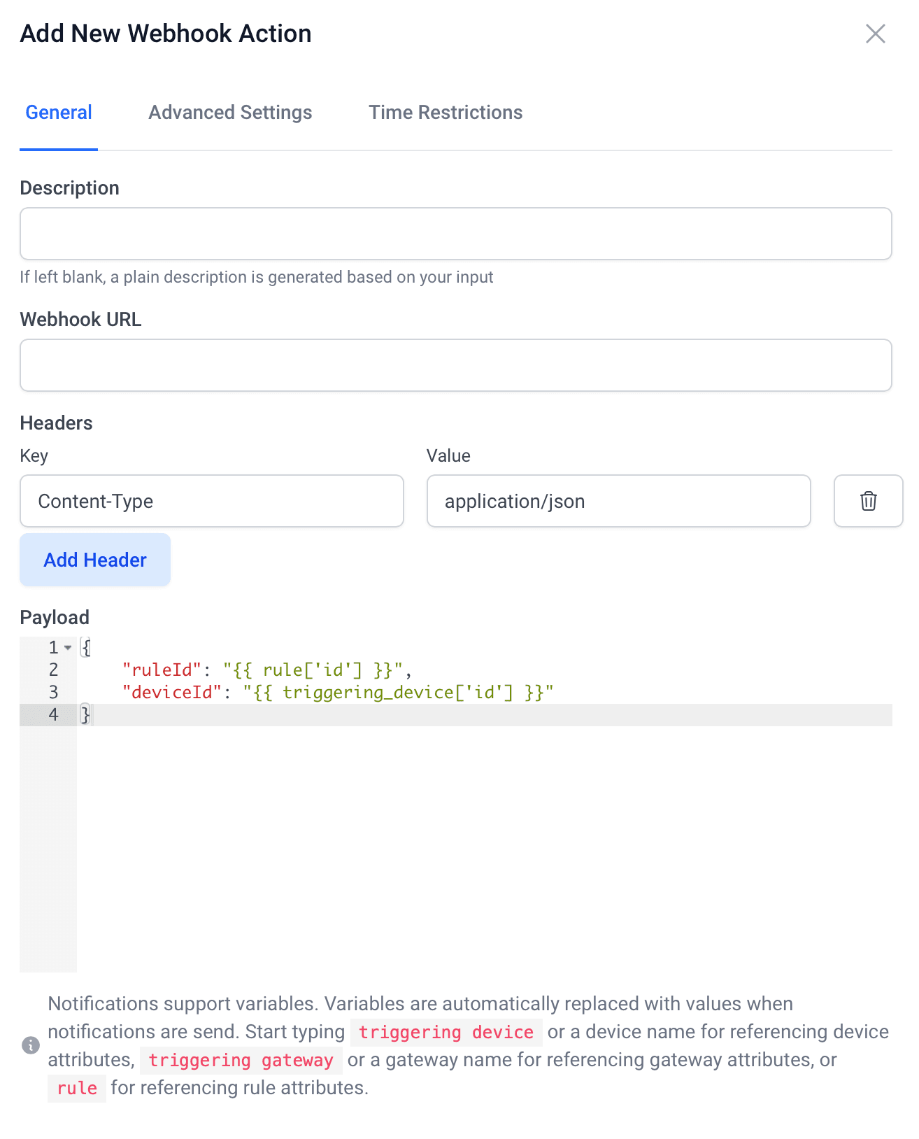 Webhook action configuration with custom headers and templated JSON payload